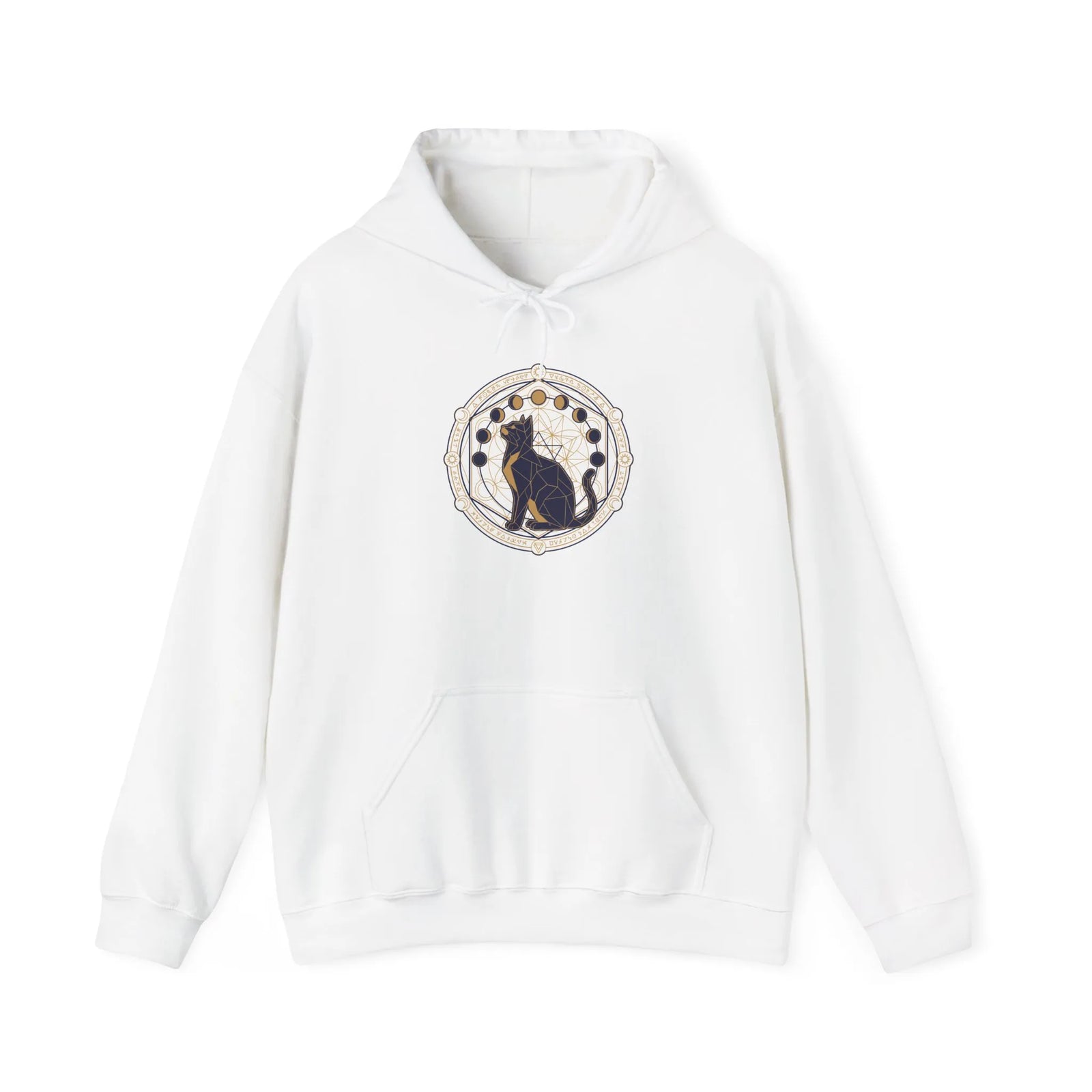 Moon Phases Sacred Geometry Cat Hoodie - Soft Fleece Pullover - Unisex White