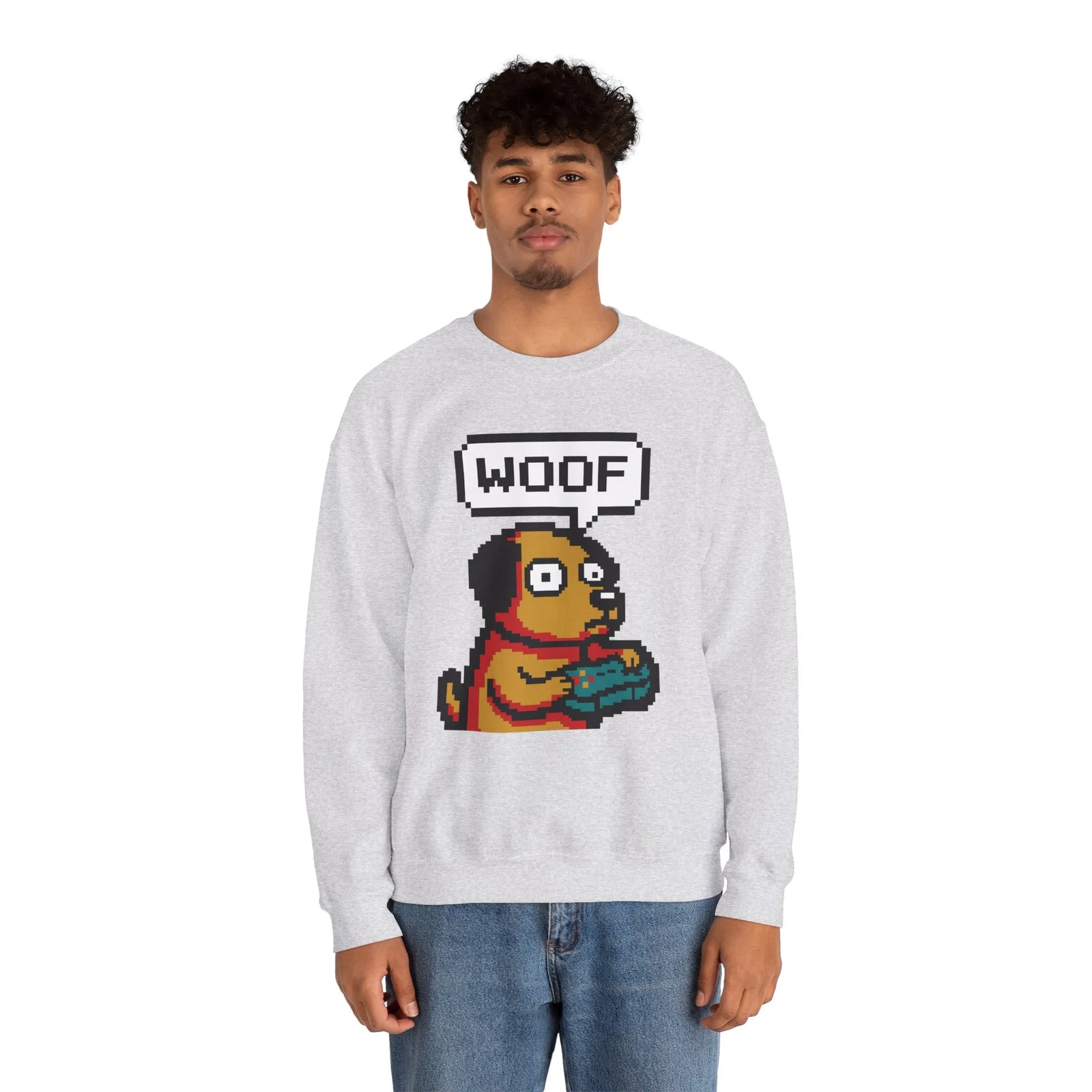 8-Bit Pixel Gaming Dogs Sweatshirt - Heavy Blend Cotton-Poly Crewneck - Unisex White