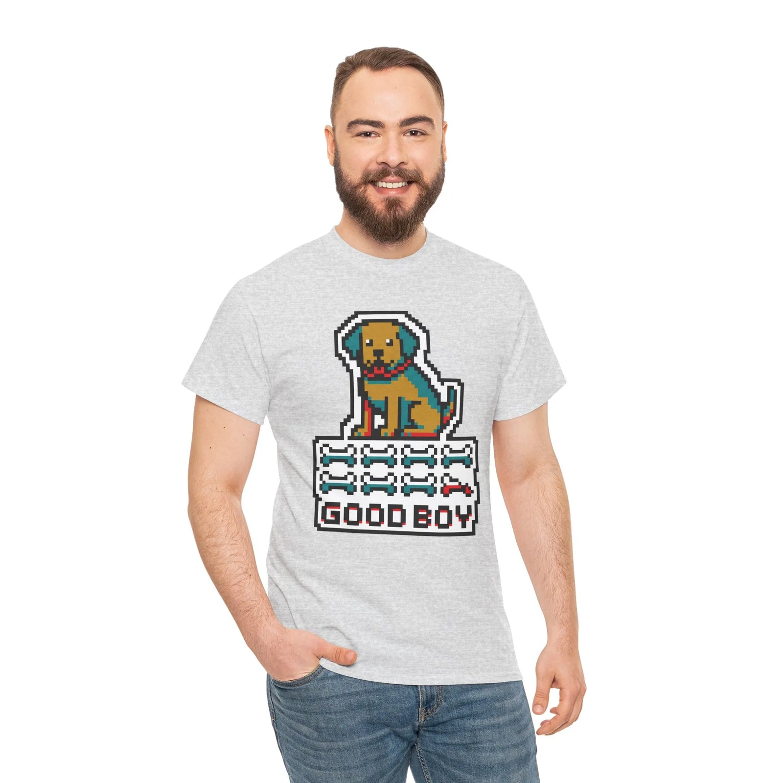 Good Boy 8-Bit Pixel Gaming Dogs T-Shirt - Heavy Cotton Classic Fit Tee - Unisex White
