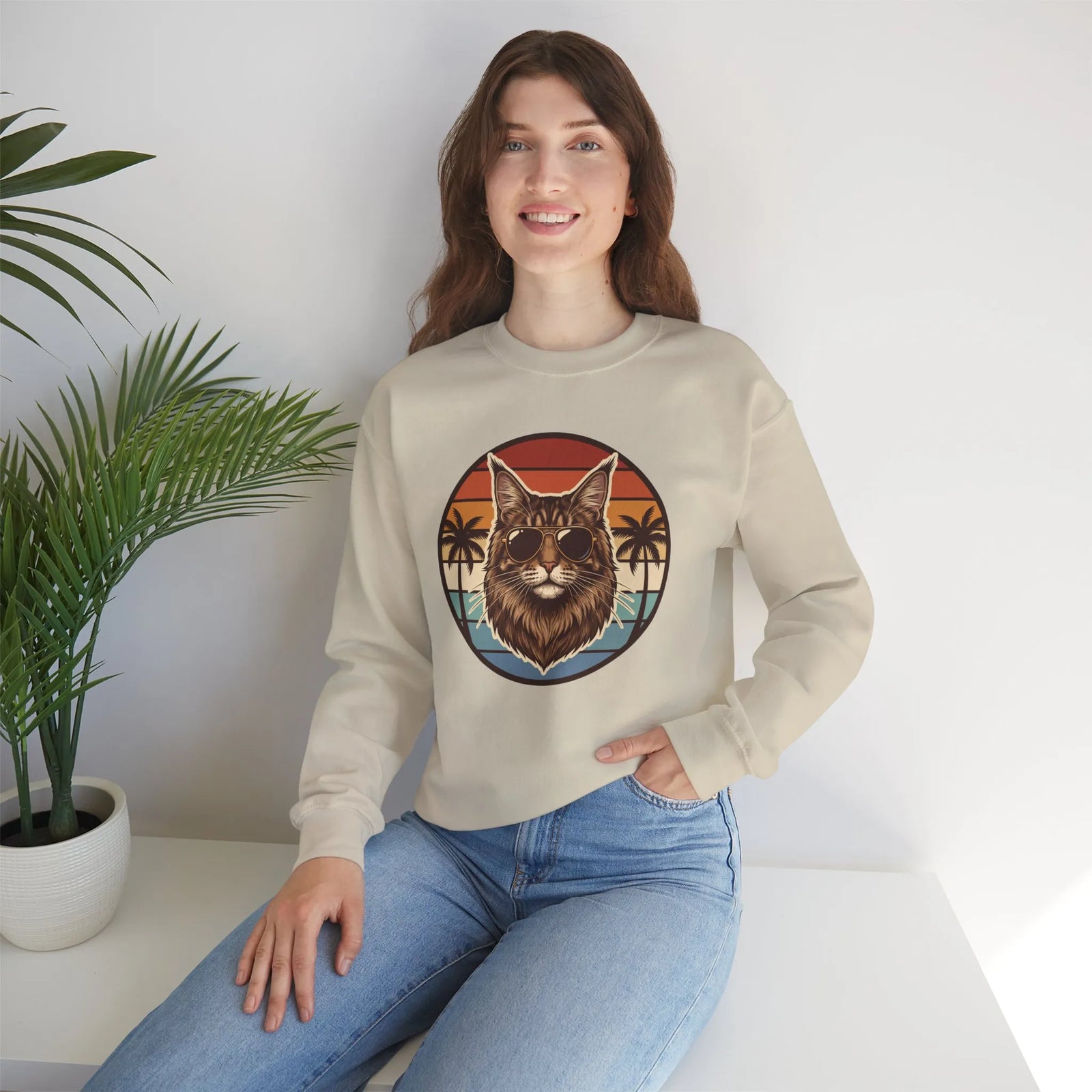Maine Coon Aviator Cat Sweatshirt - Heavy Blend Fleece Crewneck - Unisex White