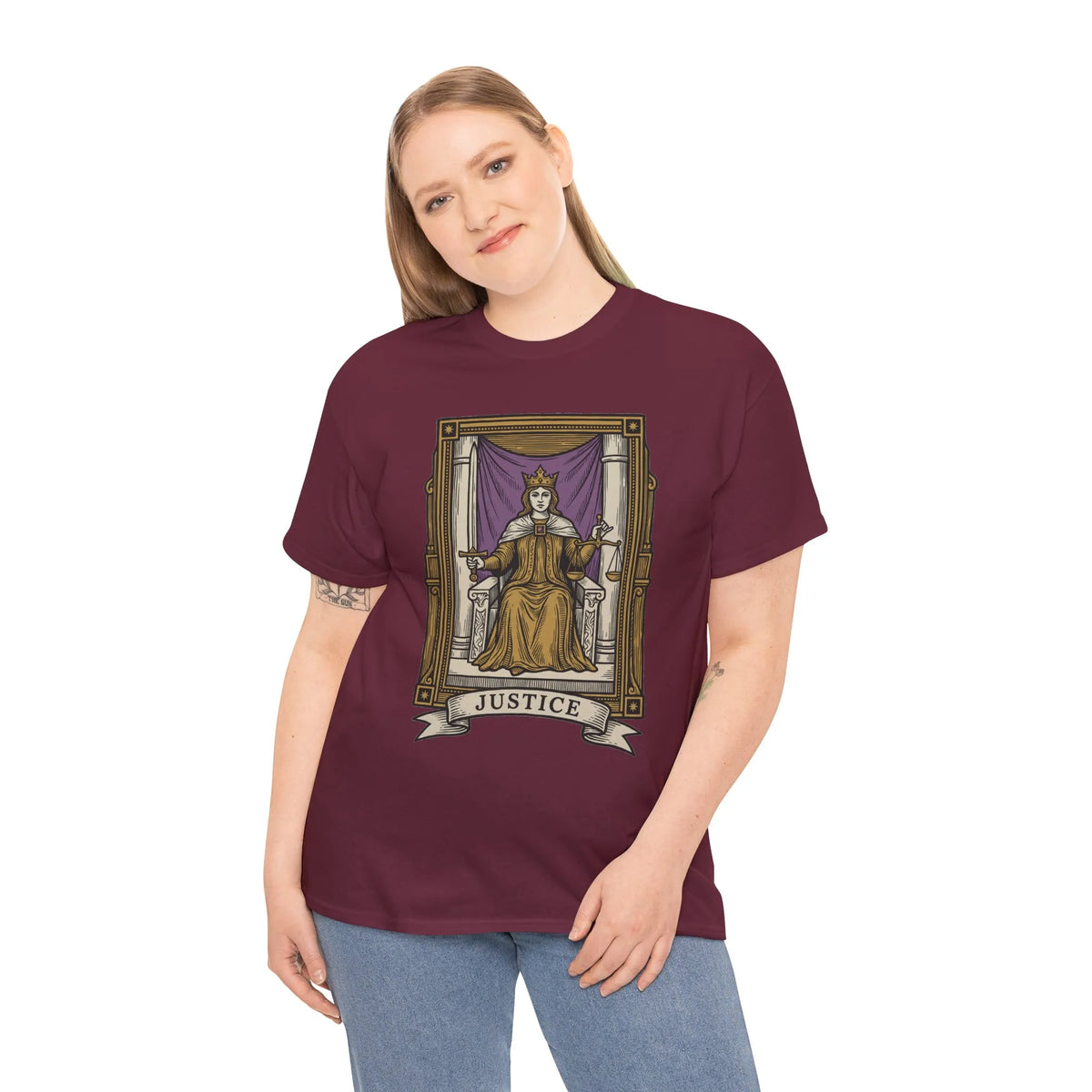 Justice Tarot Card Graphic T-Shirt - Heavy Cotton Classic Fit Tee - Unisex White