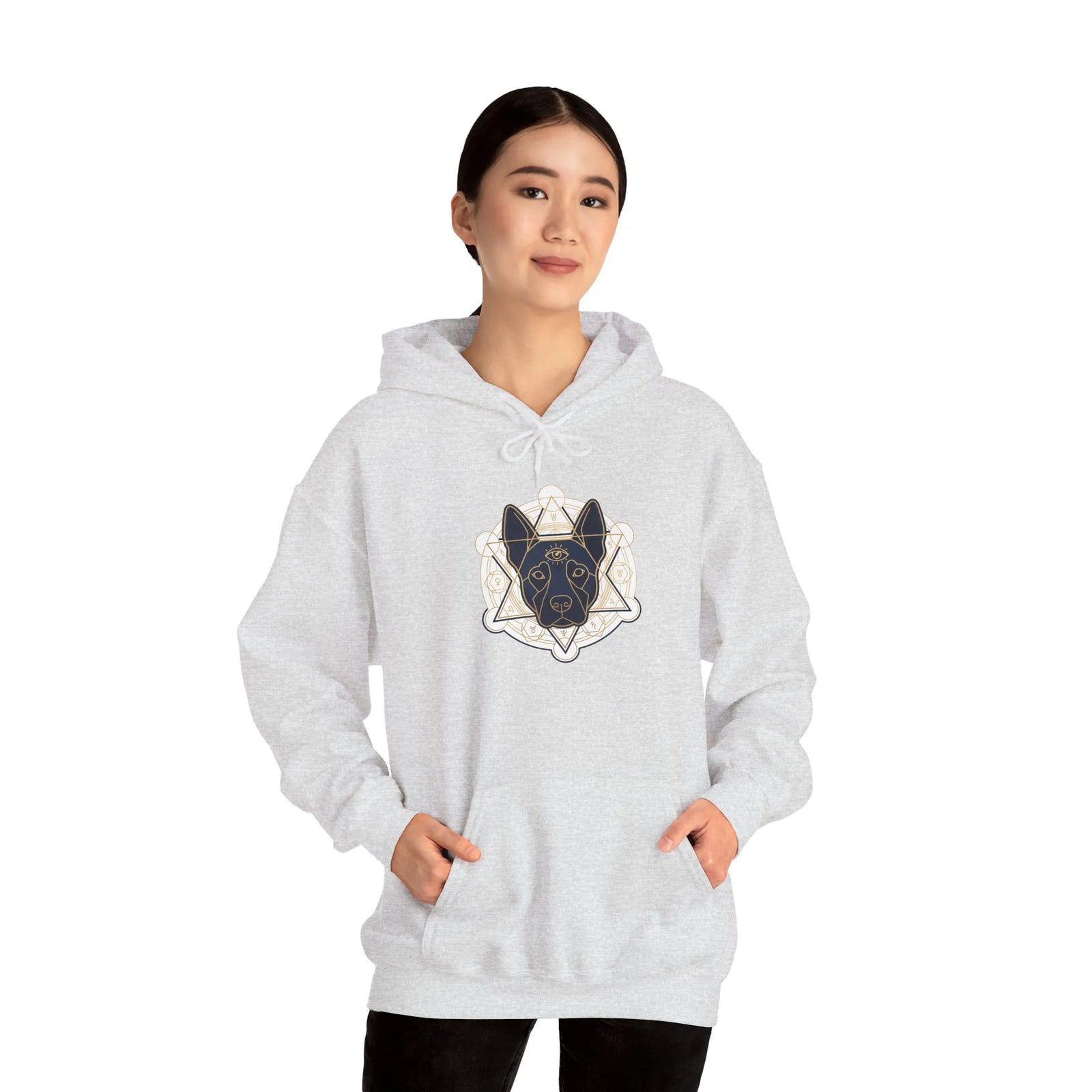 Third Eye Sacred Geometry Spirit Dogs Hoodie - Heavy Blend Fleece Pullover - Unisex White