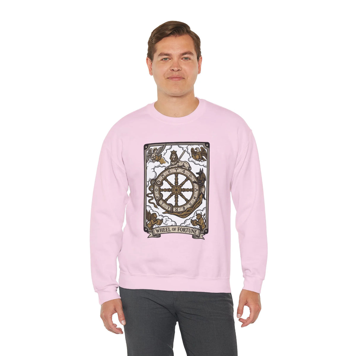 Wheel of Fortune Tarot Card Sweatshirt - Heavy Blend Crewneck Fleece - Unisex White