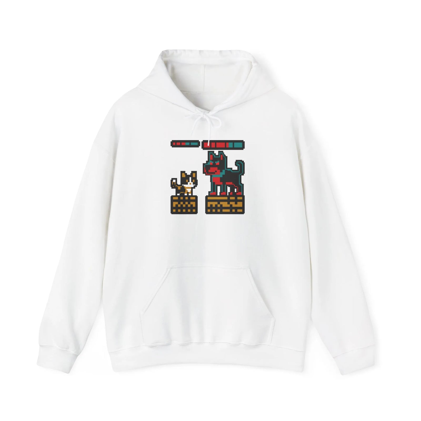 Boss Fight 8-Bit Pixel Gaming Cats Hoodie - Heavy Blend Fleece Pullover - Unisex White