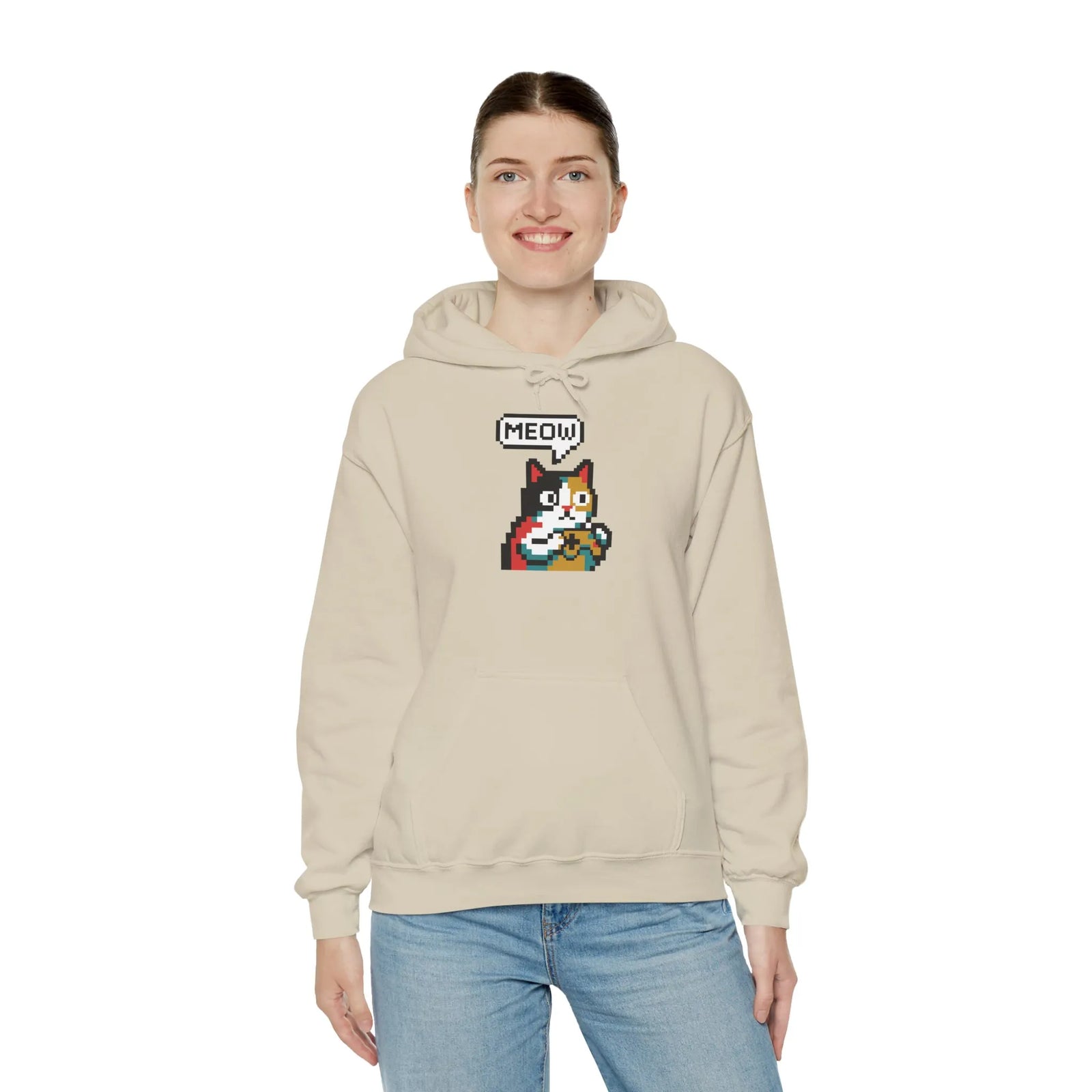 Player One 8-Bit Pixel Gaming Cats Hoodie - Soft Cotton Blend Fleece Pullover - Unisex White