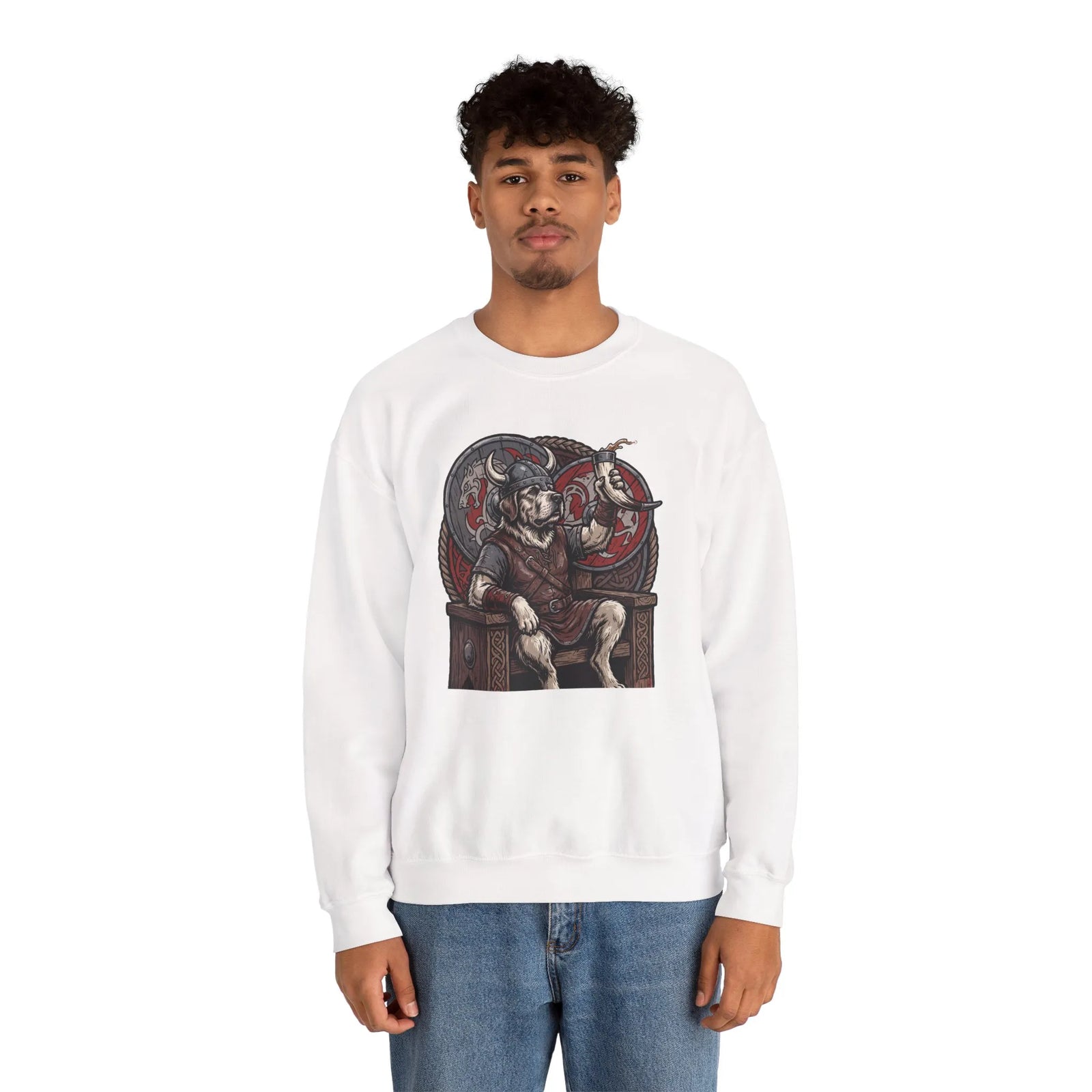 Viking Berserker Dogs Graphic Sweatshirt - Medium Weight Cotton Poly Crewneck - Unisex White