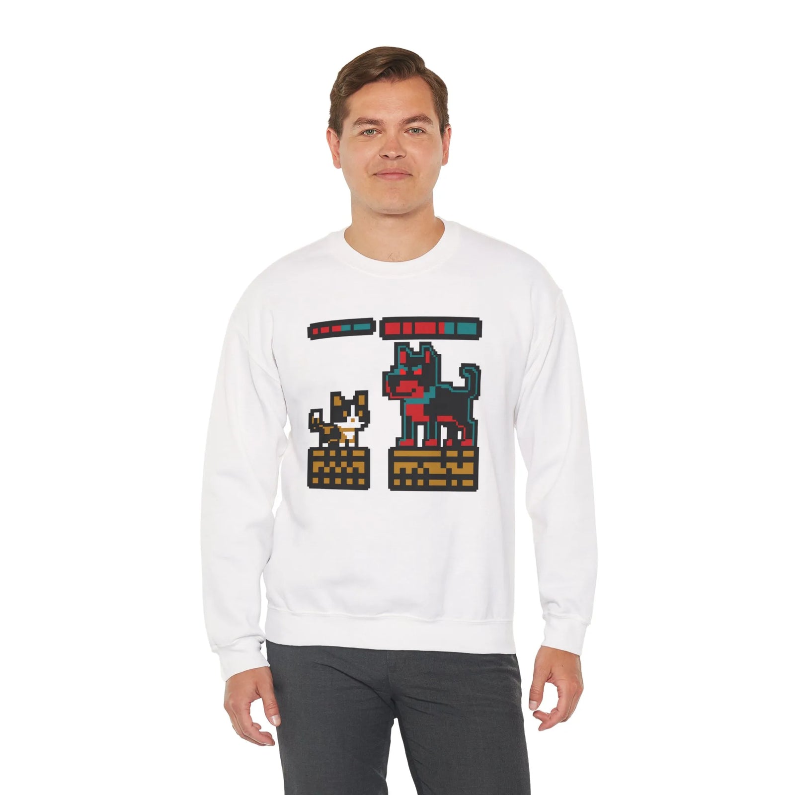 8-Bit Pixel Gaming Cats Boss Fight Sweatshirt - Heavyweight Cotton Blend Crewneck - Unisex Ash
