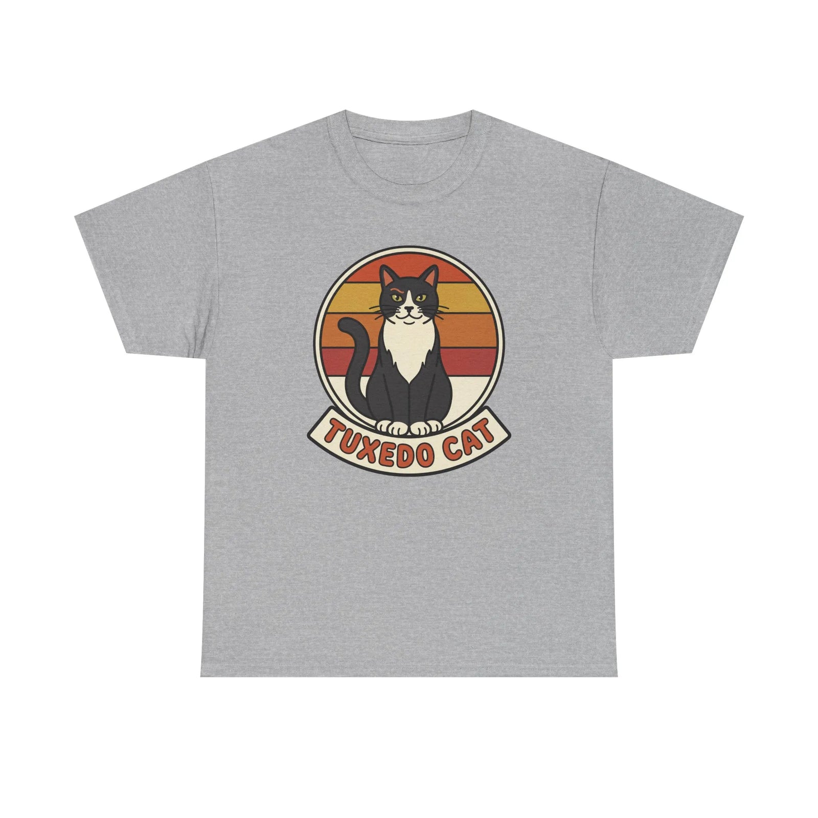 Tuxedo Cat Retro Sunset Graphic T-Shirt - Heavy Cotton Classic Fit Tee - Unisex White