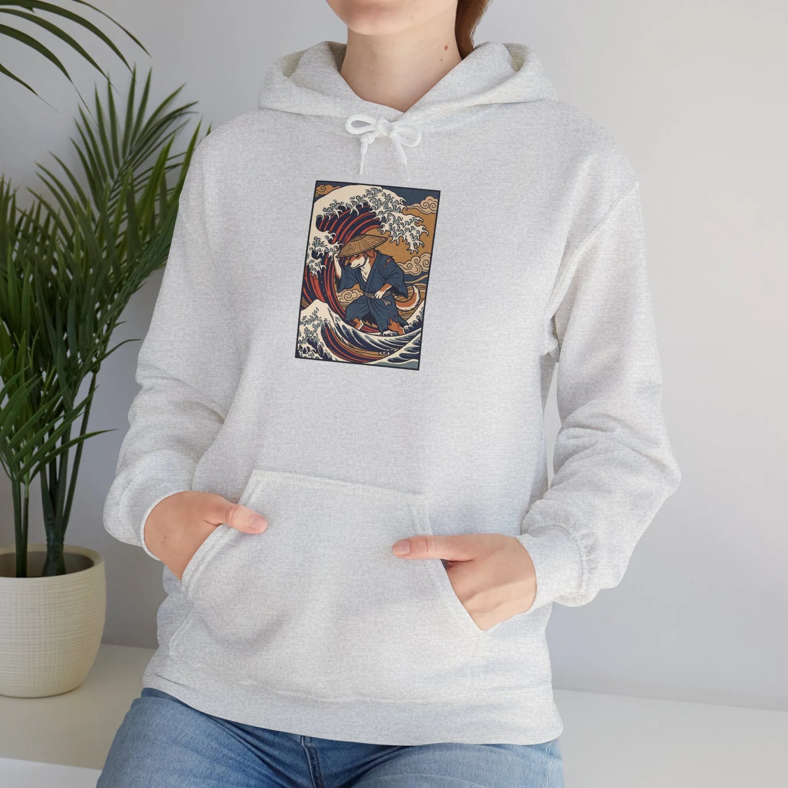 Ronin Wave Samurai Dog Hoodie - Heavy Blend Cotton Poly Fleece - Unisex White