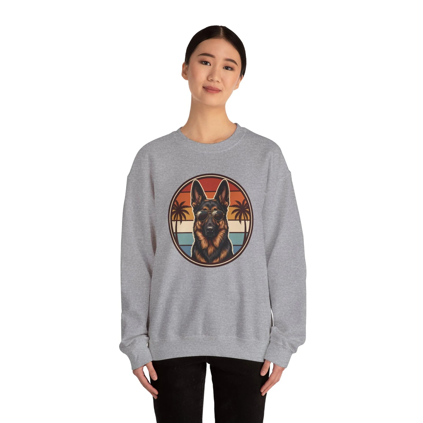 German Shepherd 70s Sunset Aviators Sweatshirt - Heavy Blend Cotton-Poly Crewneck - Unisex White