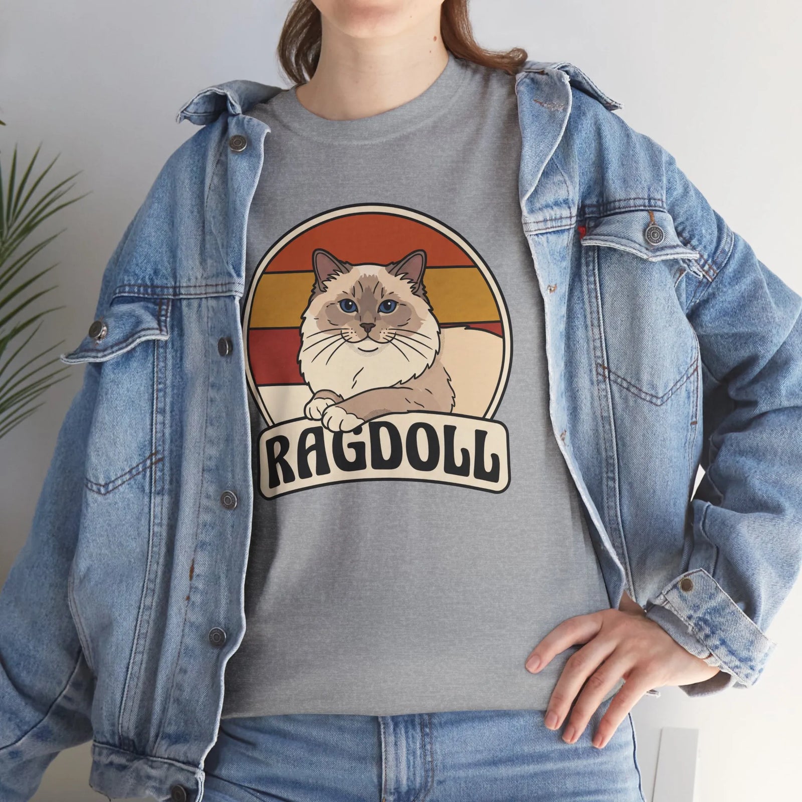 Ragdoll Cat Retro Sunset T-Shirt - Heavyweight Cotton Classic Tee - Unisex White