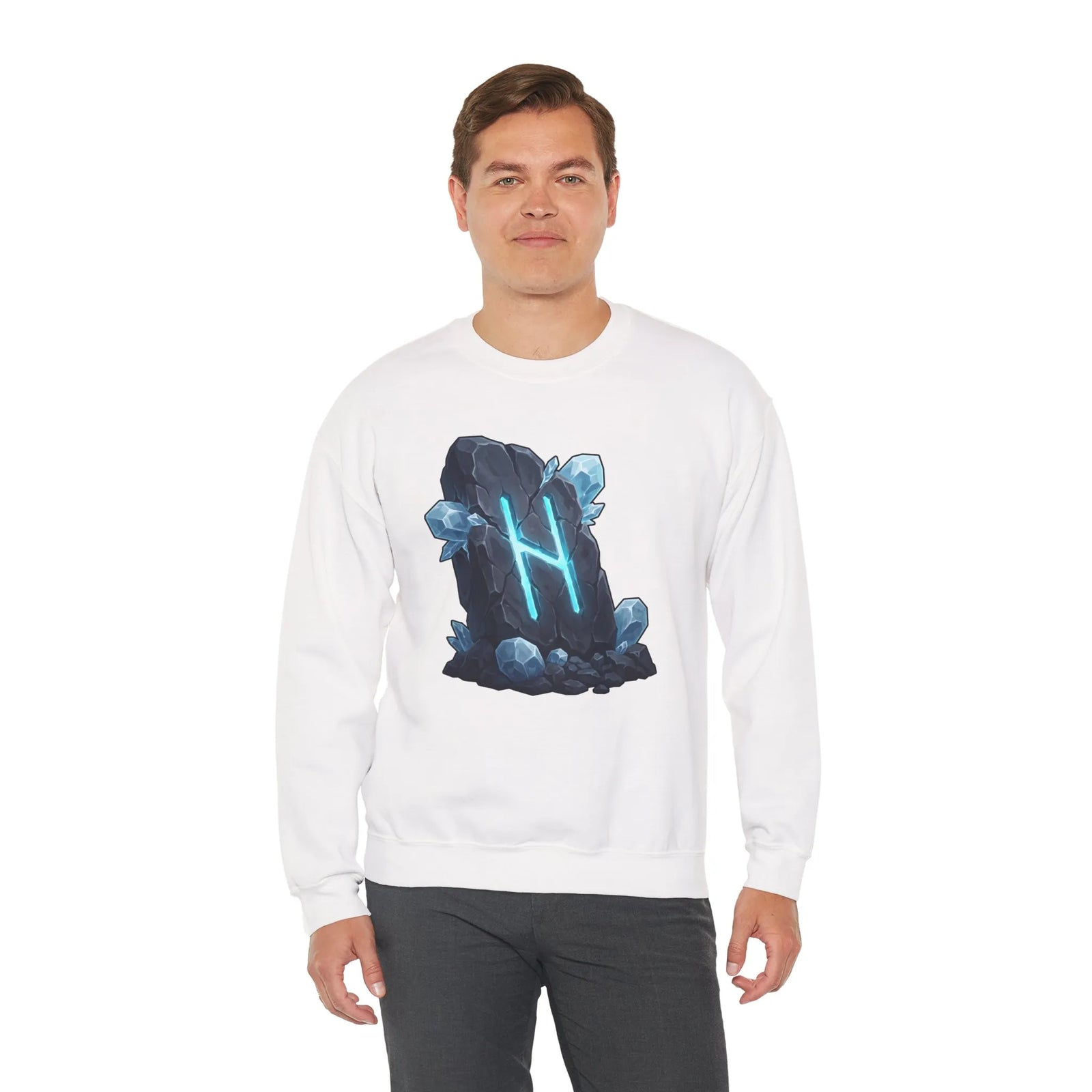 Hagalaz Rune Stone Graphic Sweatshirt - Heavy Blend Fleece Crewneck - Unisex White