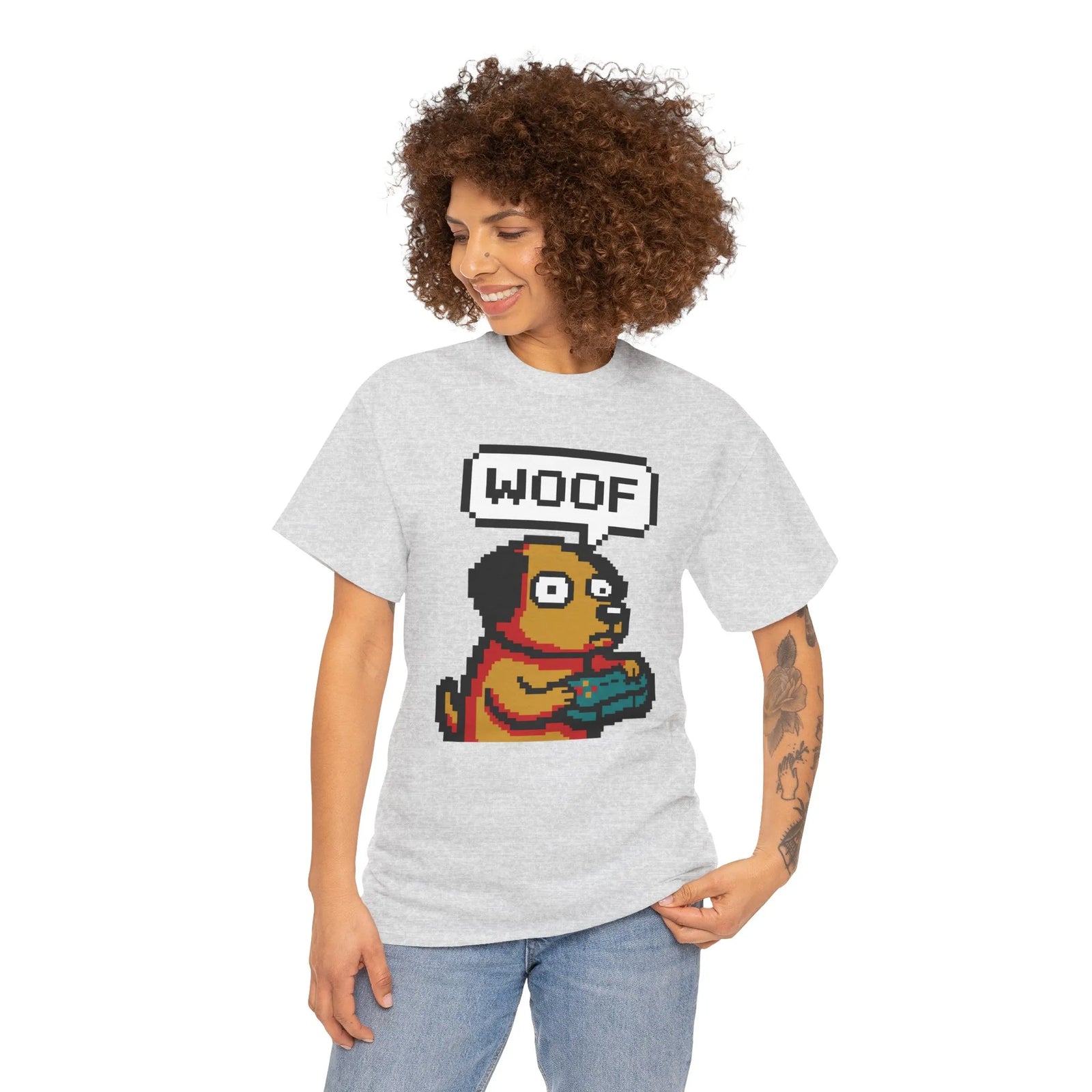 8-Bit Pixel Gaming Dog T-Shirt - Heavy Cotton Classic Fit Tee - Unisex White