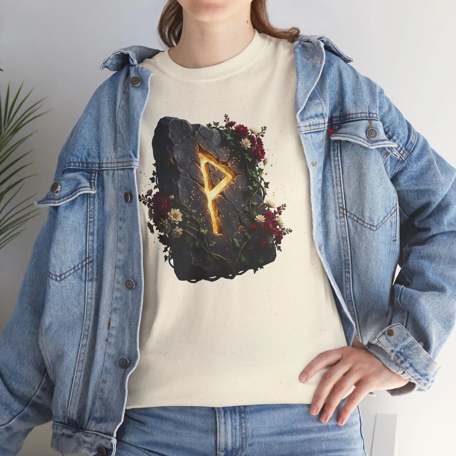 Wunjo Rune Floral T-Shirt - Heavy Cotton Classic Fit Tee - Unisex White