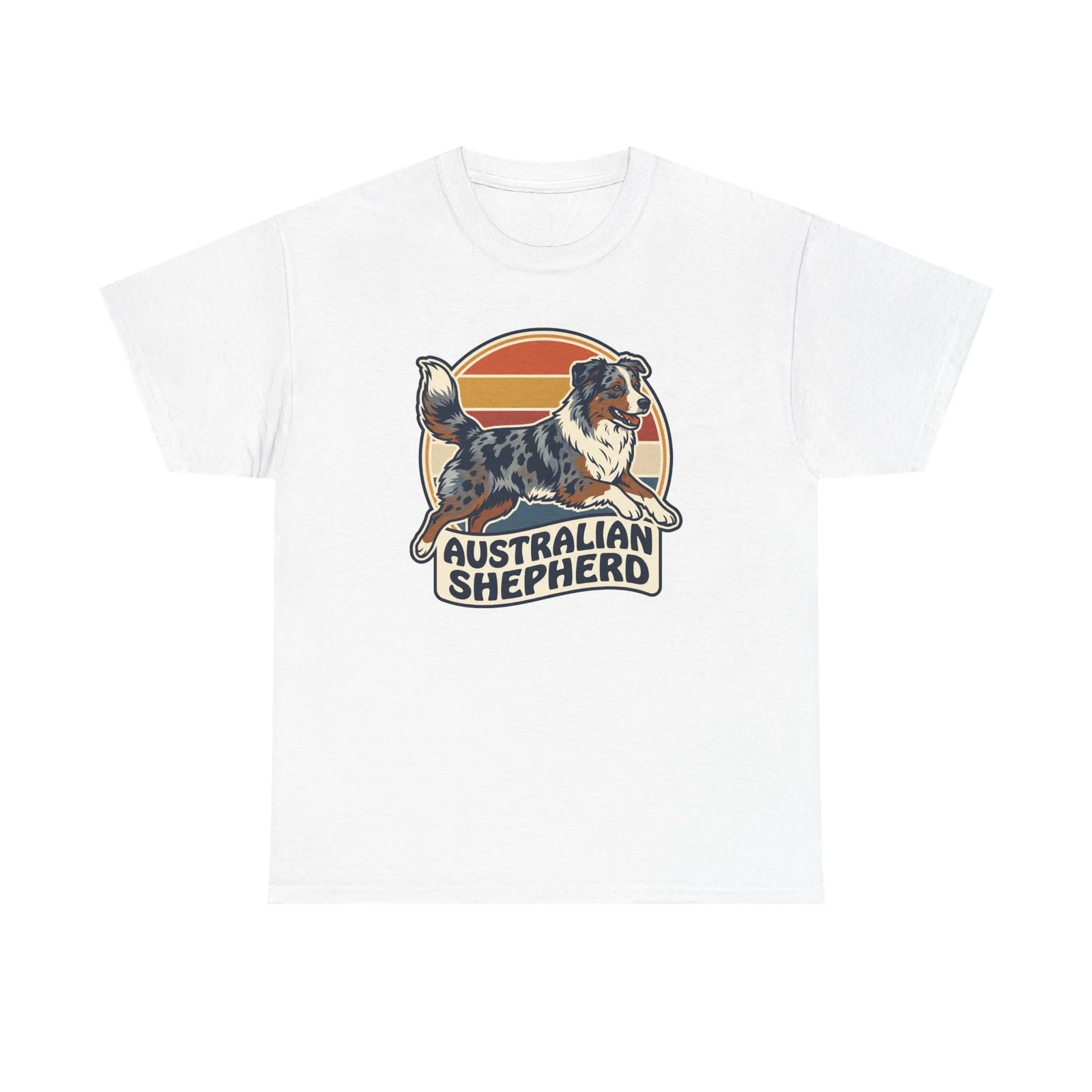 Australian Shepherd Retro 70s Sunset T-Shirt - Heavy Cotton Classic Fit Tee - Unisex White