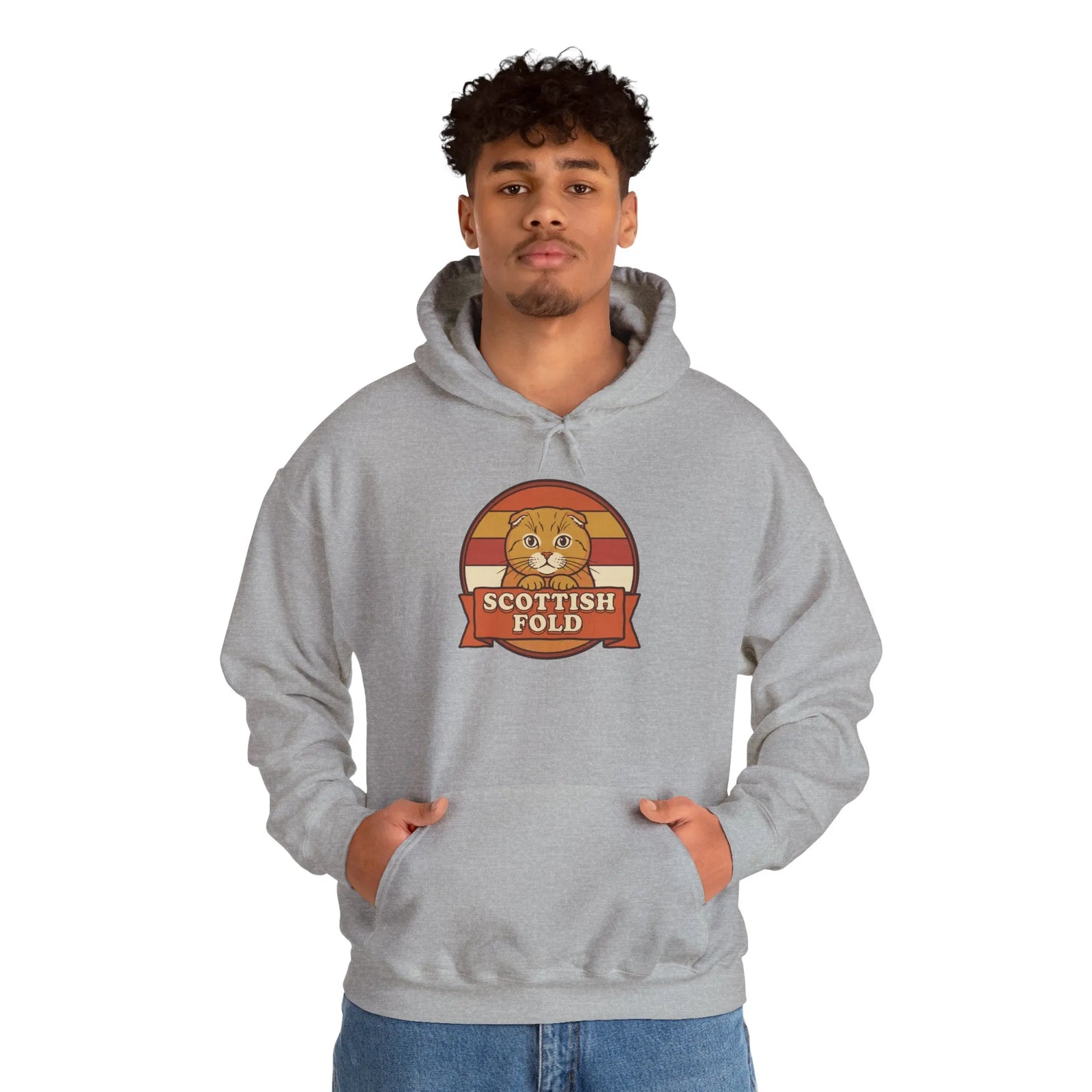 Scottish Fold Retro Sunset Hoodie - Heavy Blend Cotton-Poly Pullover - Unisex White
