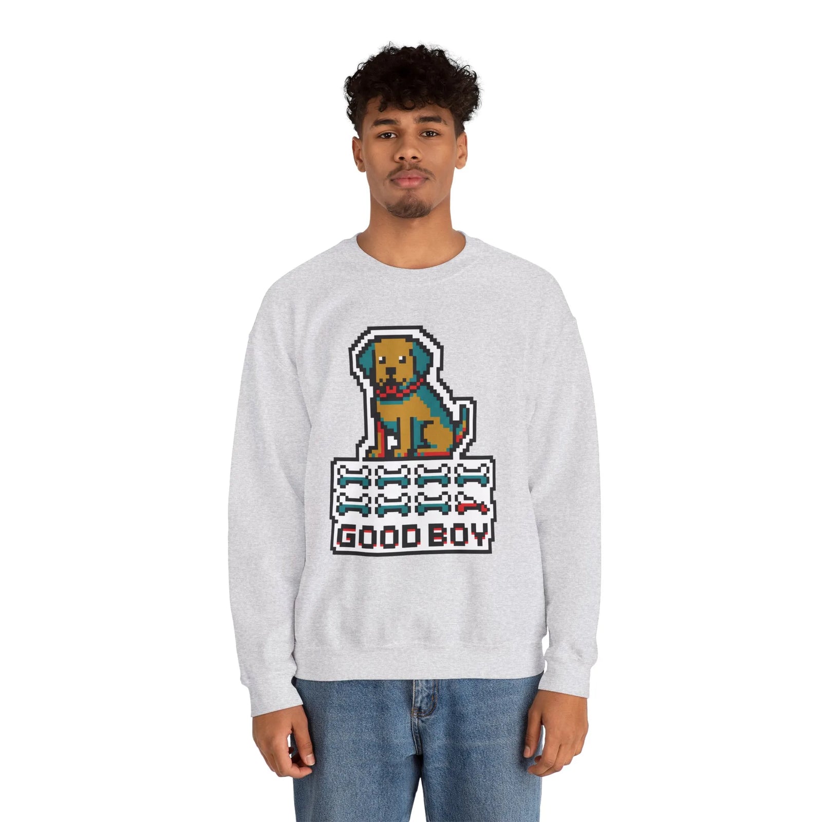 Good Boy 8-Bit Pixel Dogs Sweatshirt - Heavyweight Cotton Blend Crewneck - Unisex White