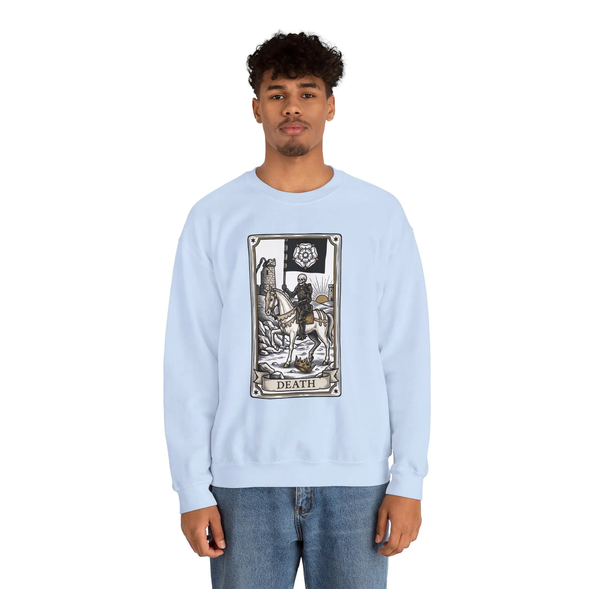Tarot Death Card Graphic Sweatshirt - Heavy Blend Classic Fit Crewneck - Unisex White