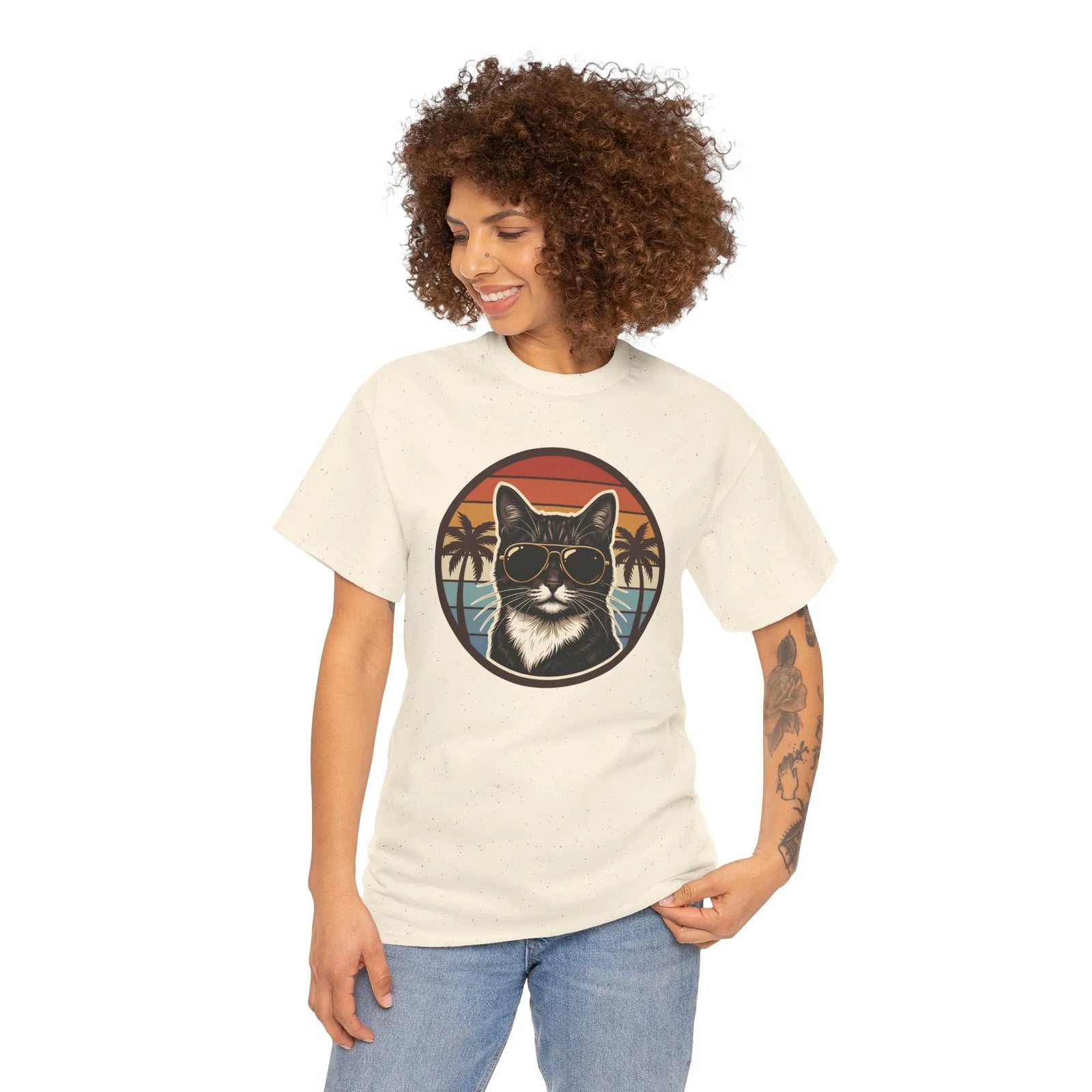 Tuxedo Cool Cats 70s Sunset Aviators T-Shirt - Heavy Cotton Classic Fit Tee - Unisex White