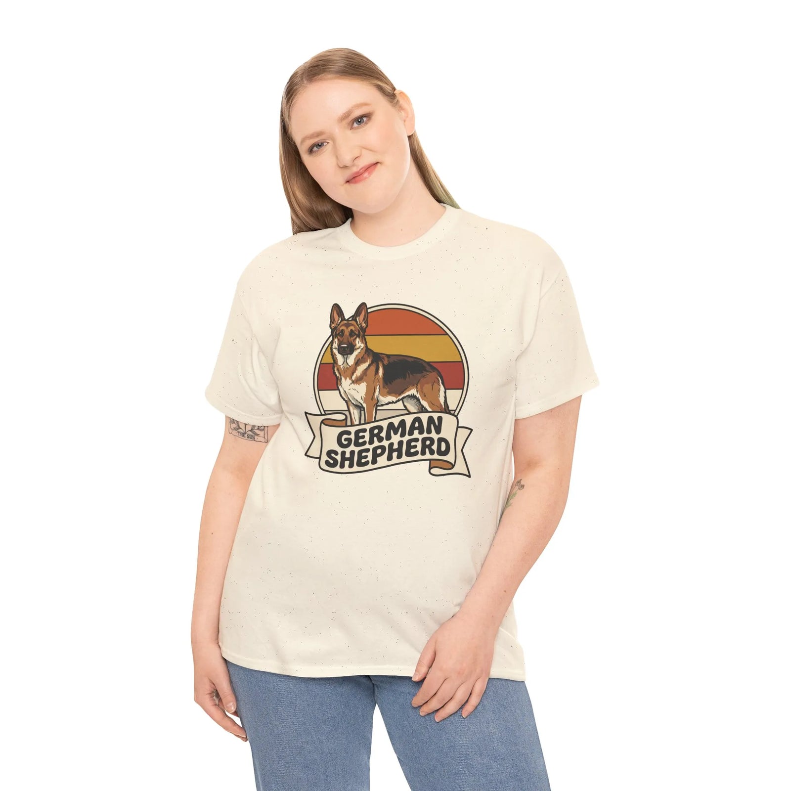 German Shepherd Retro 70s Sunset T-Shirt - Heavy Cotton Classic Fit Tee - Unisex White