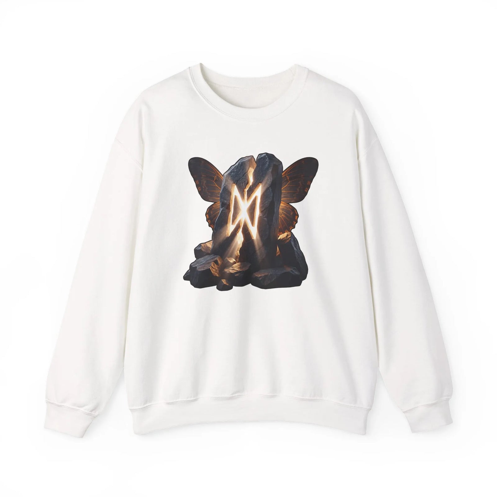 Dagaz Rune Stone Butterfly Sweatshirt - Heavy Blend Cotton Poly Crewneck - Unisex Off-White