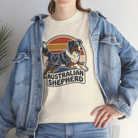 Australian Shepherd Retro 70s Sunset T-Shirt - Heavy Cotton Classic Fit Tee - Unisex White