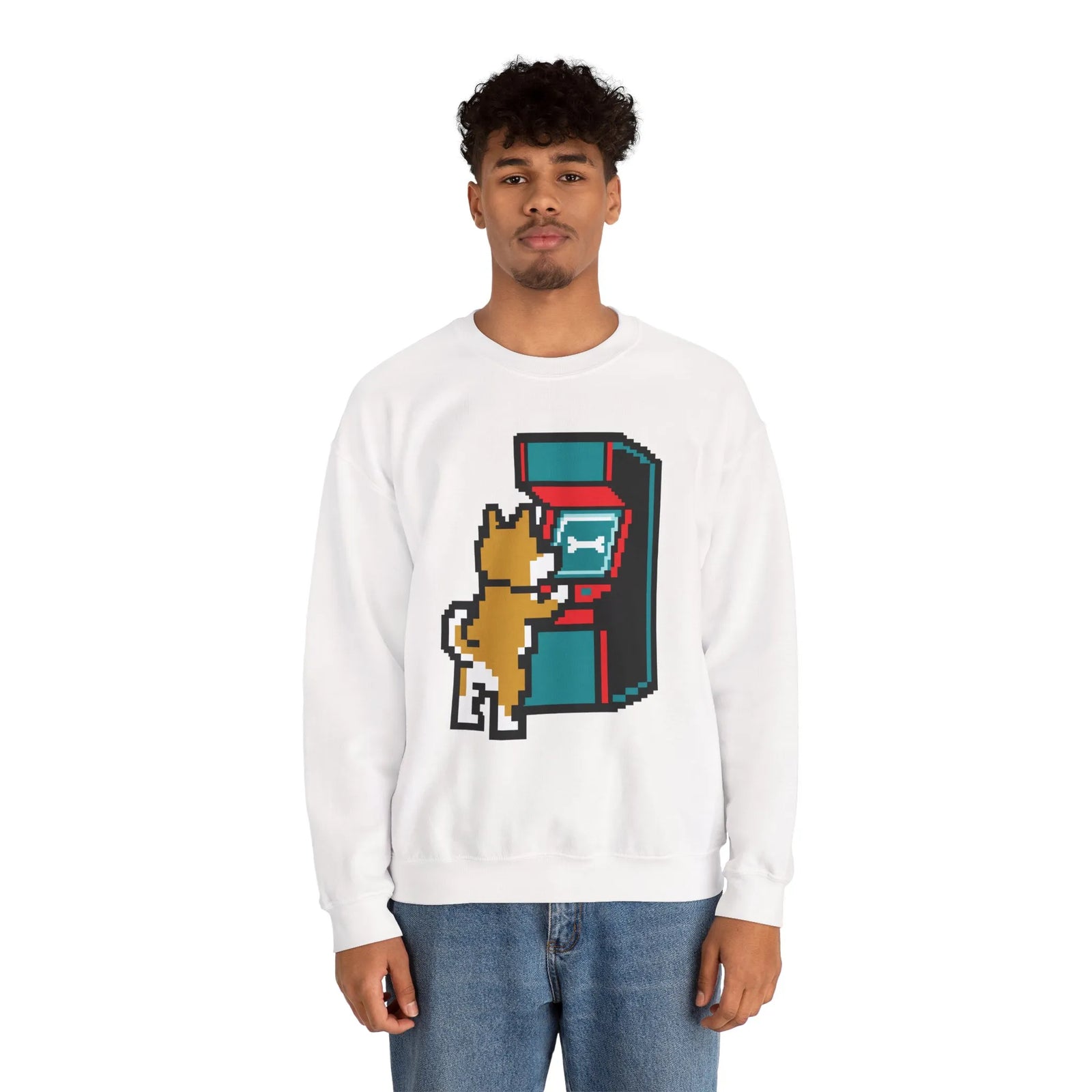 8-Bit Pixel Gaming Dog Sweatshirt - Classic Fit Fleece Crewneck - Unisex White