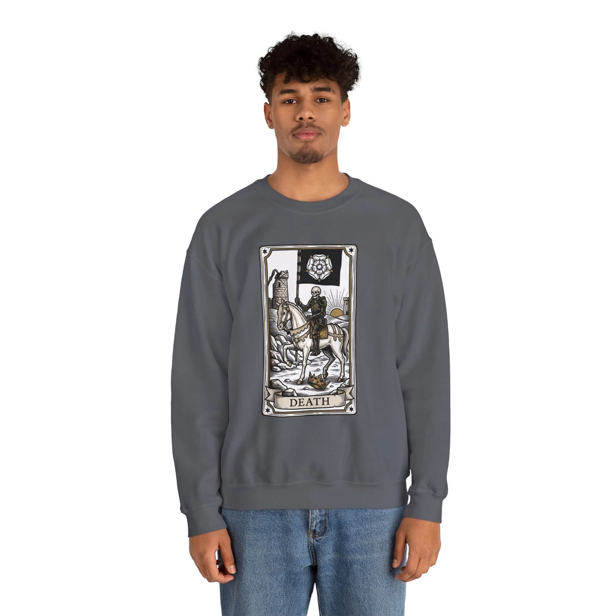 Tarot Death Card Graphic Sweatshirt - Heavy Blend Classic Fit Crewneck - Unisex White