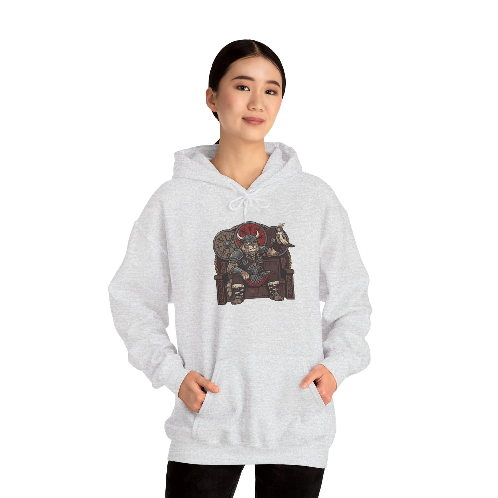 Viking Berserker Cat Graphic Hoodie - Cozy Heavy Blend Fleece Pullover - Unisex Sport Grey