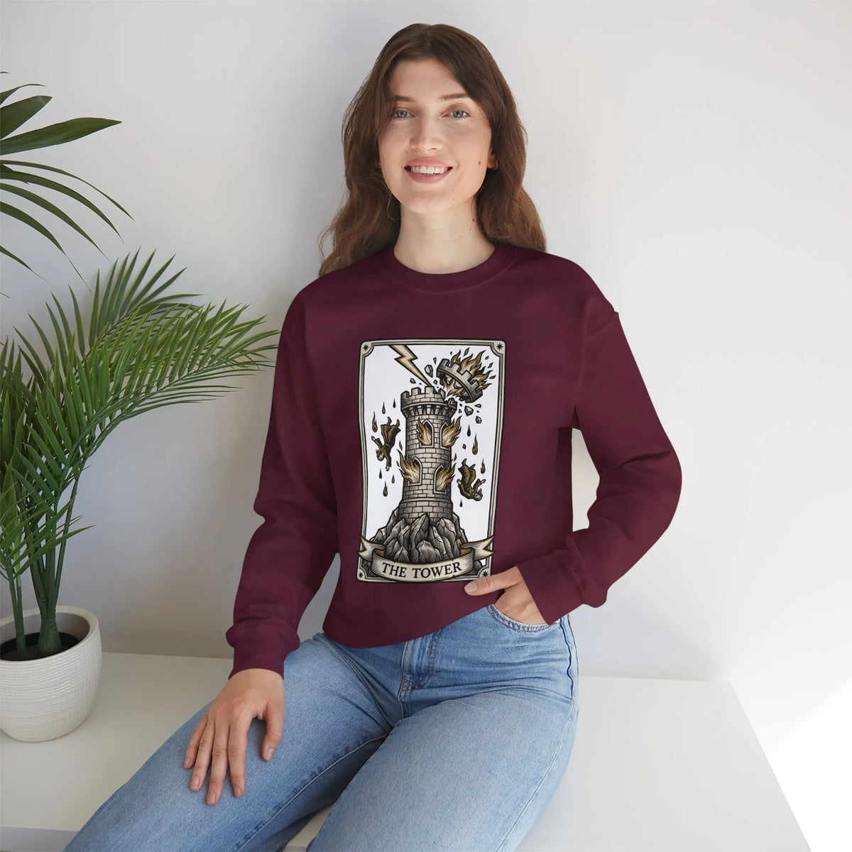 The Tower Tarot Card Sweatshirt - Heavy Blend Fleece Crewneck - Unisex White