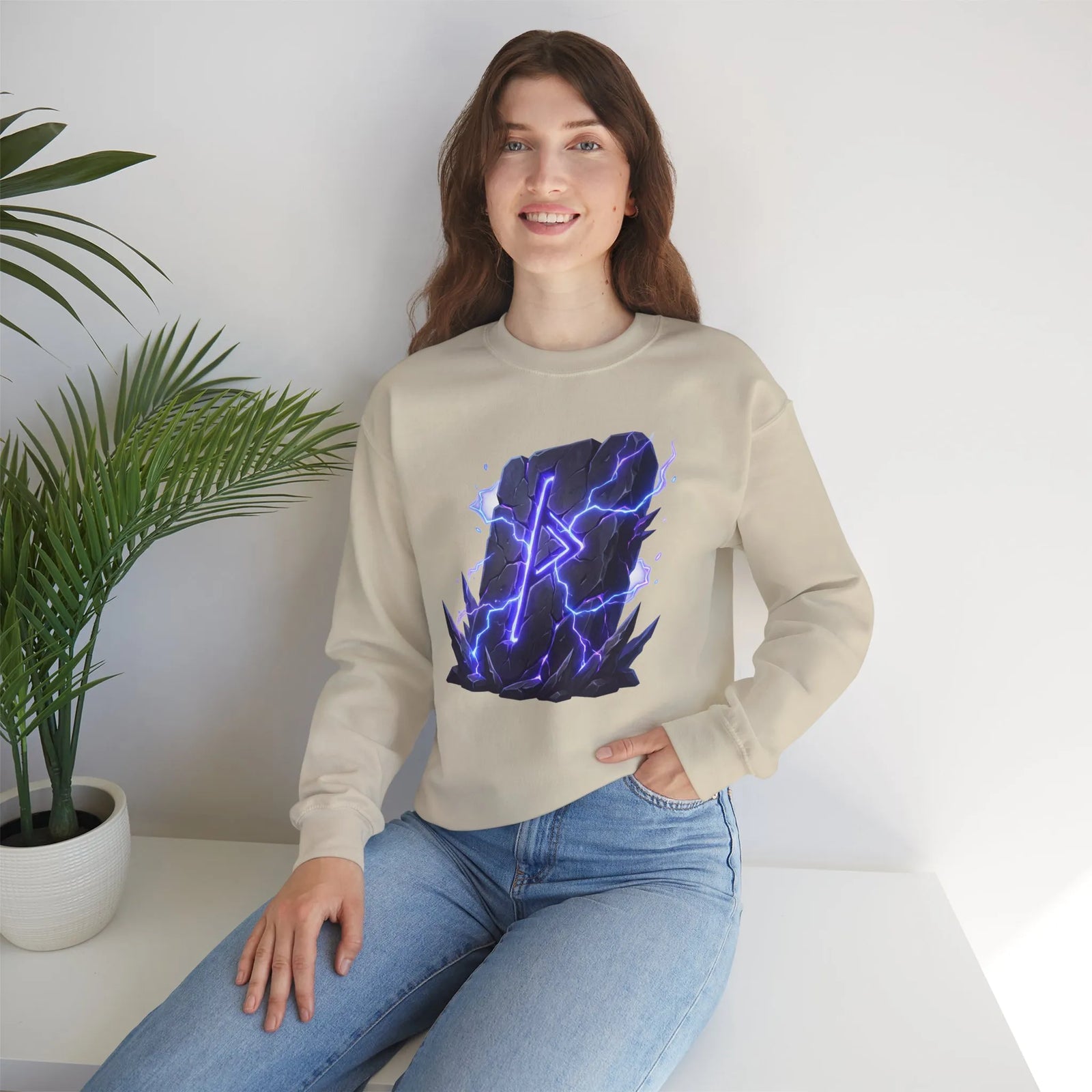 Thurisaz Thorn Rune Graphic Sweatshirt - Heavy Blend Crewneck Fleece - Unisex White