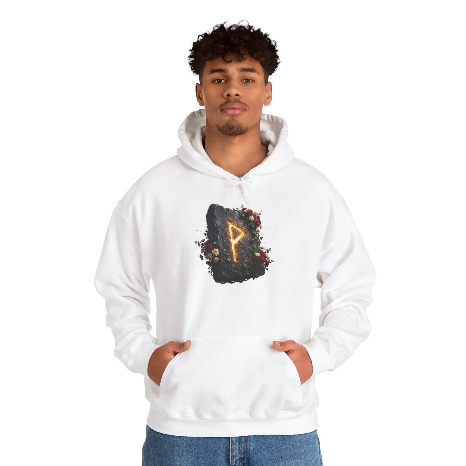 Wunjo Rune Floral Rock Graphic Hoodie - Warm Fleece Pullover Sweatshirt - Unisex White