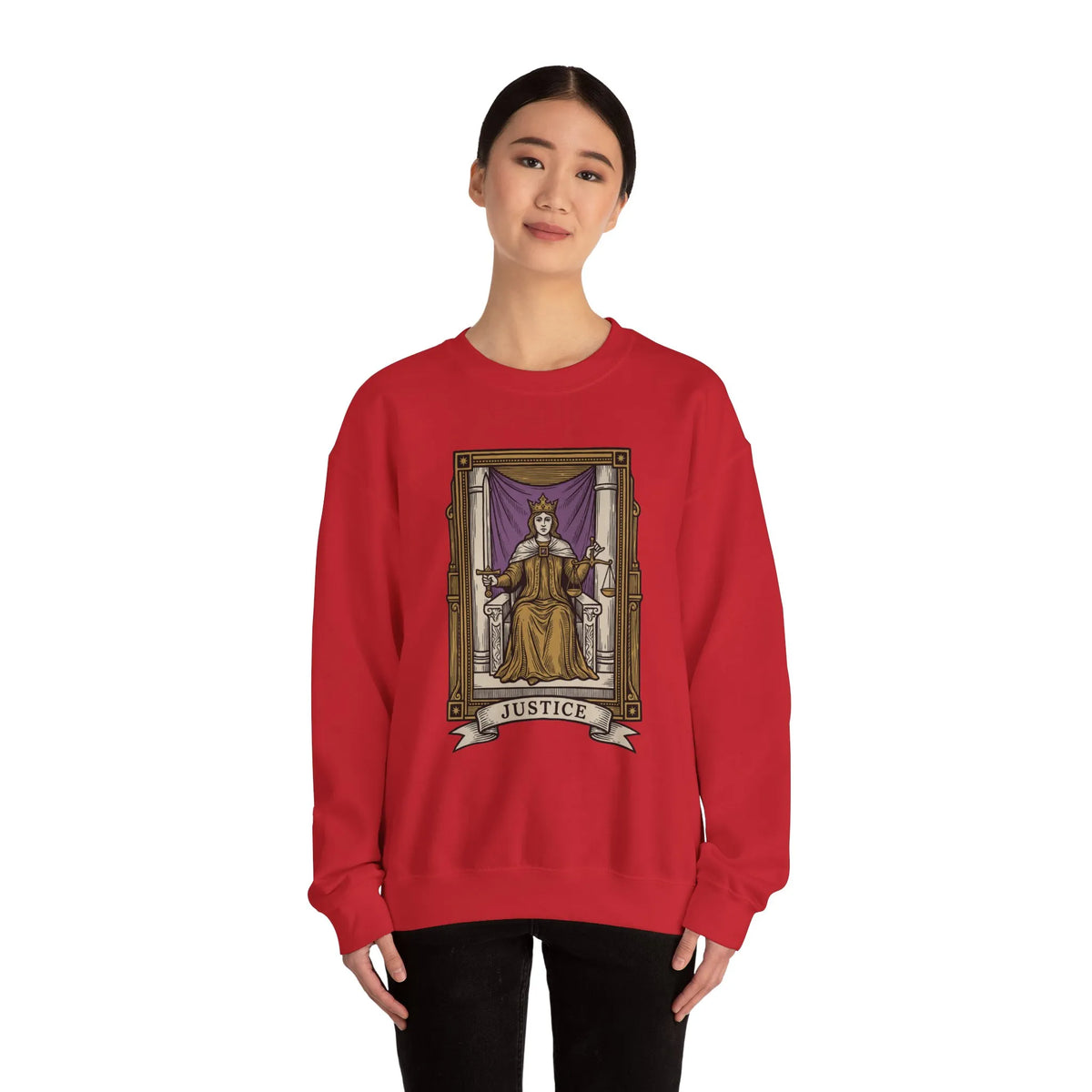 Justice Tarot Card Sweatshirt - Heavy Blend Cotton Poly Crewneck - Unisex White