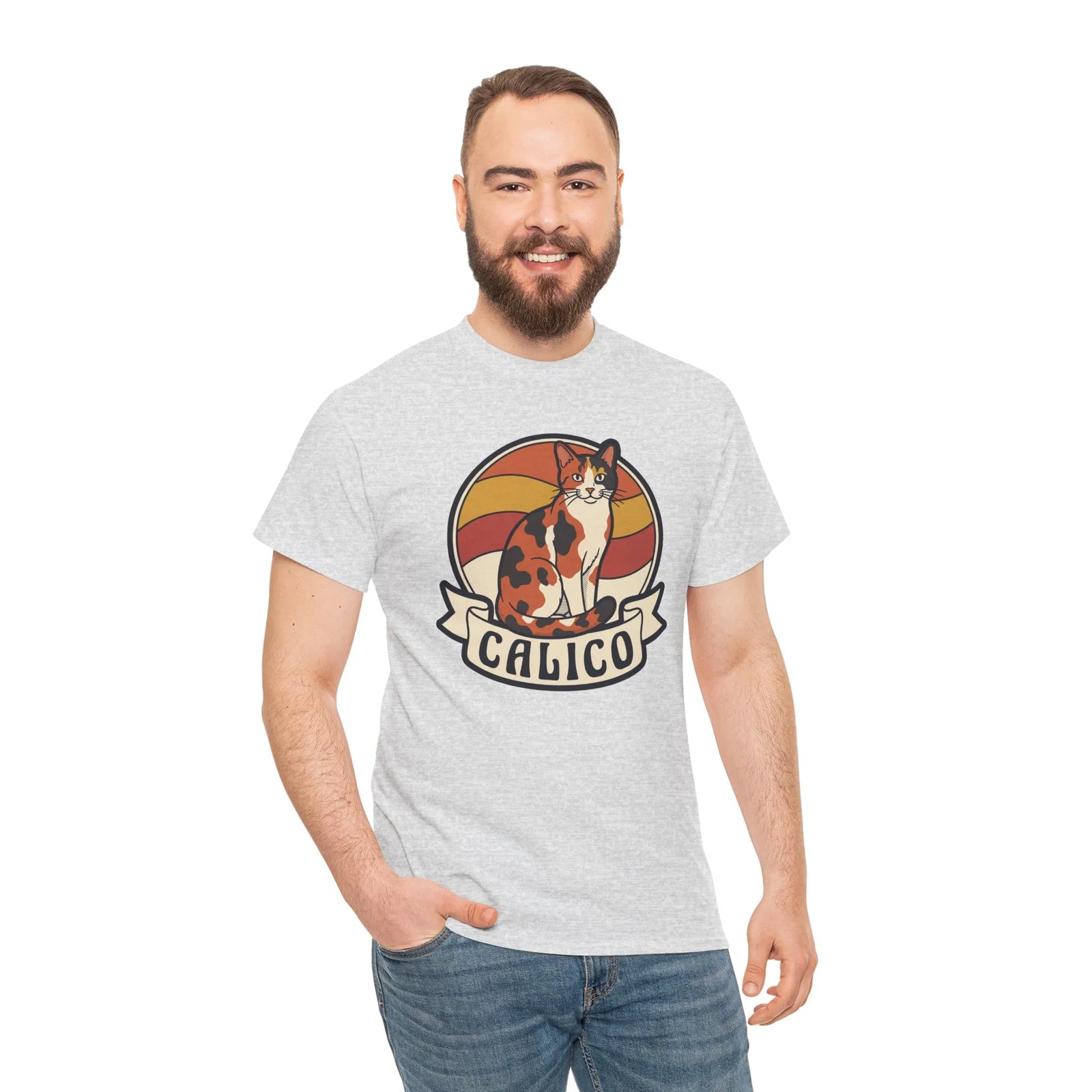 Calico Cat Retro Sunset Graphic T-Shirt - Heavyweight Classic Fit Tee - Unisex White