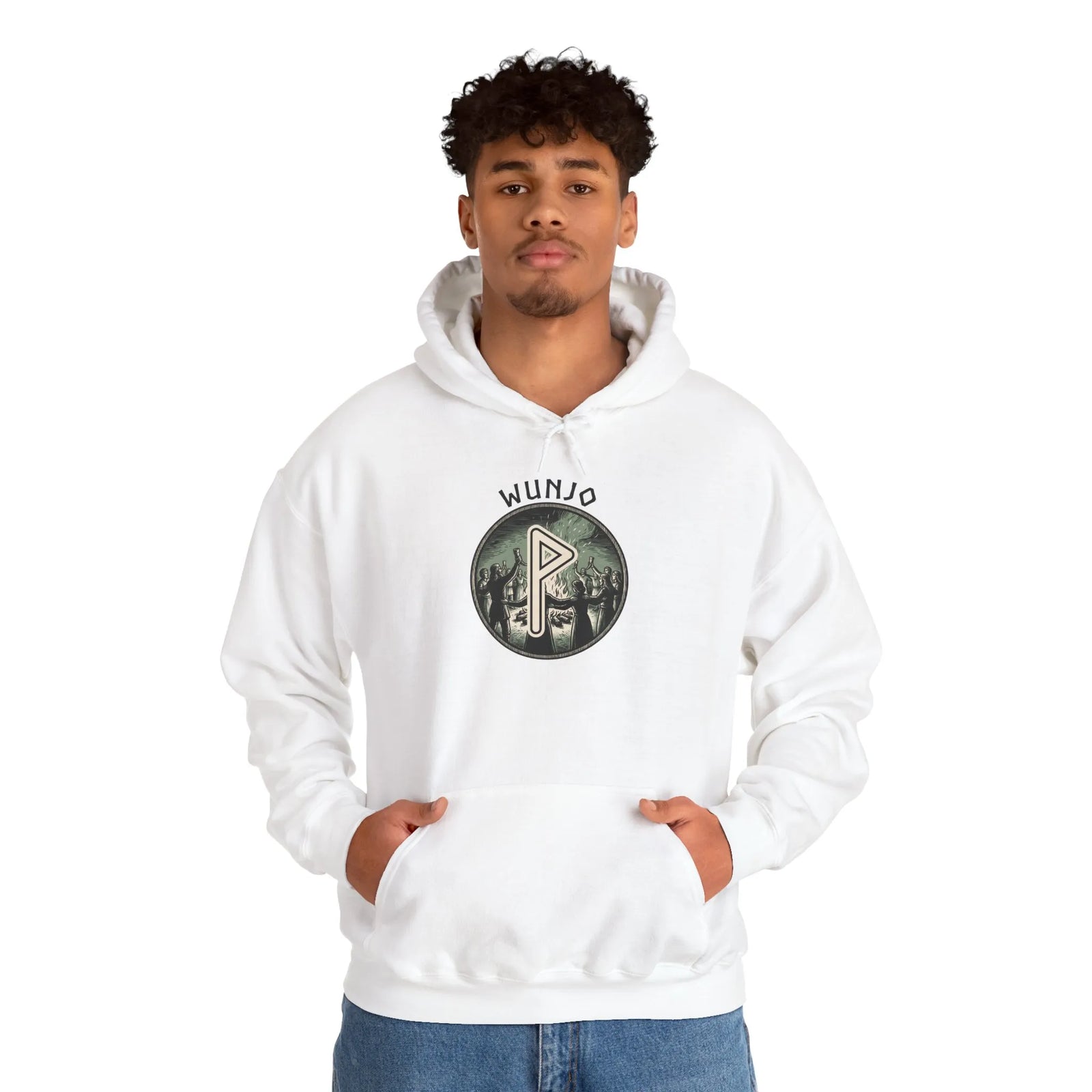 Wunjo Rune Norse Joy Circle Hoodie - Heavy Blend Fleece Pullover - Unisex White