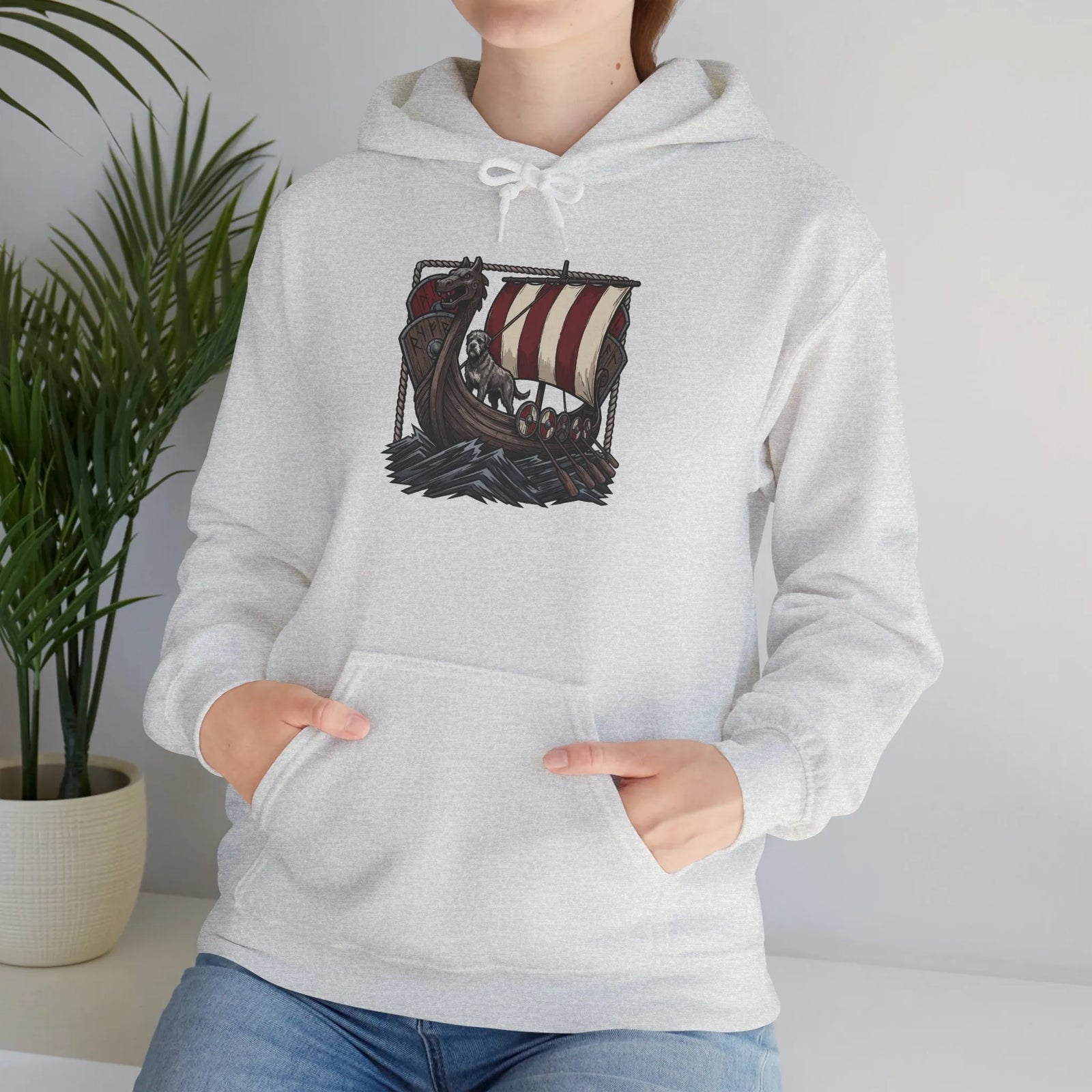 Longship Prow Viking Dog Hoodie - Cozy Cotton Poly Fleece - Unisex White