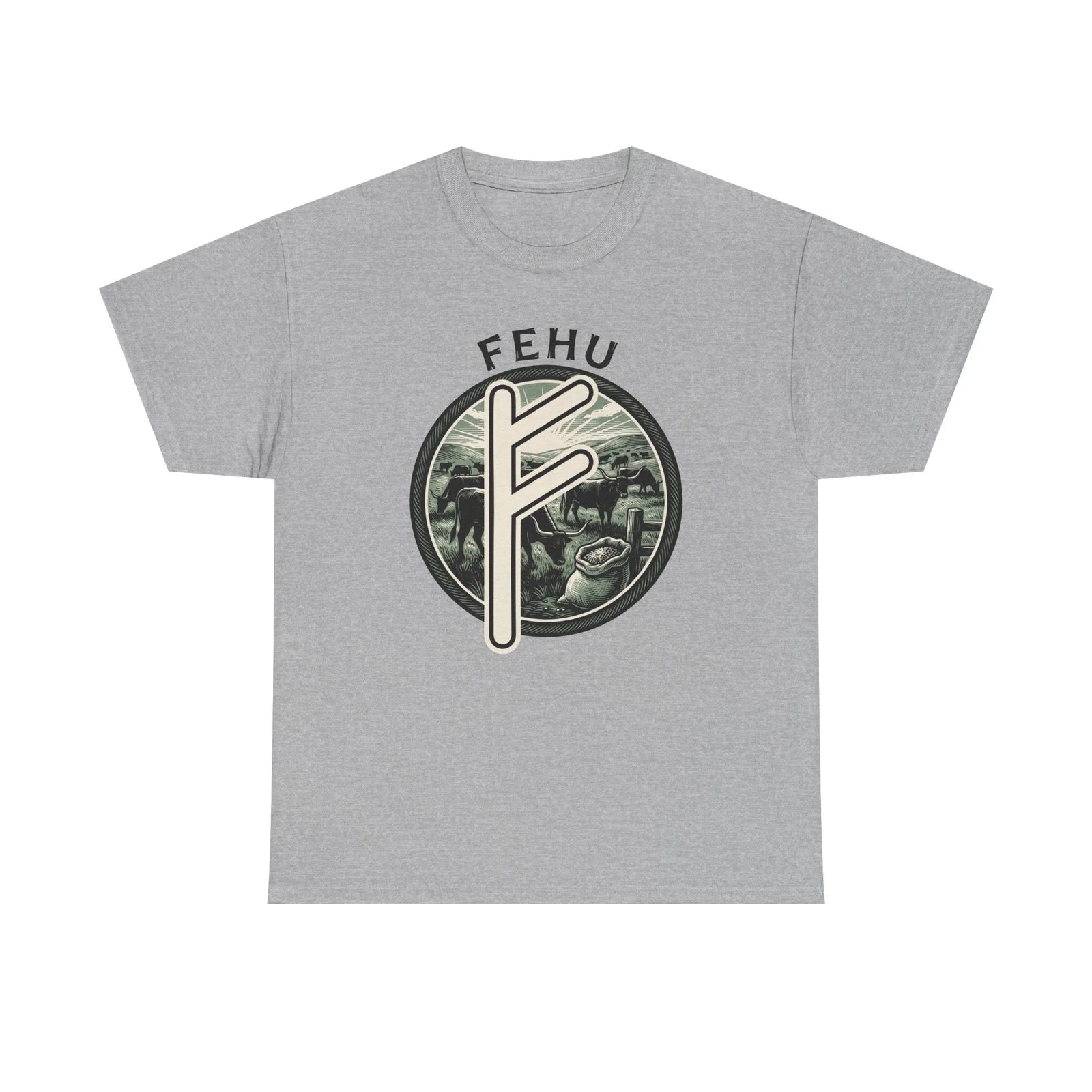 Fehu Rune Wealth Symbol T-Shirt - Heavy Cotton Classic Fit Tee - Unisex White