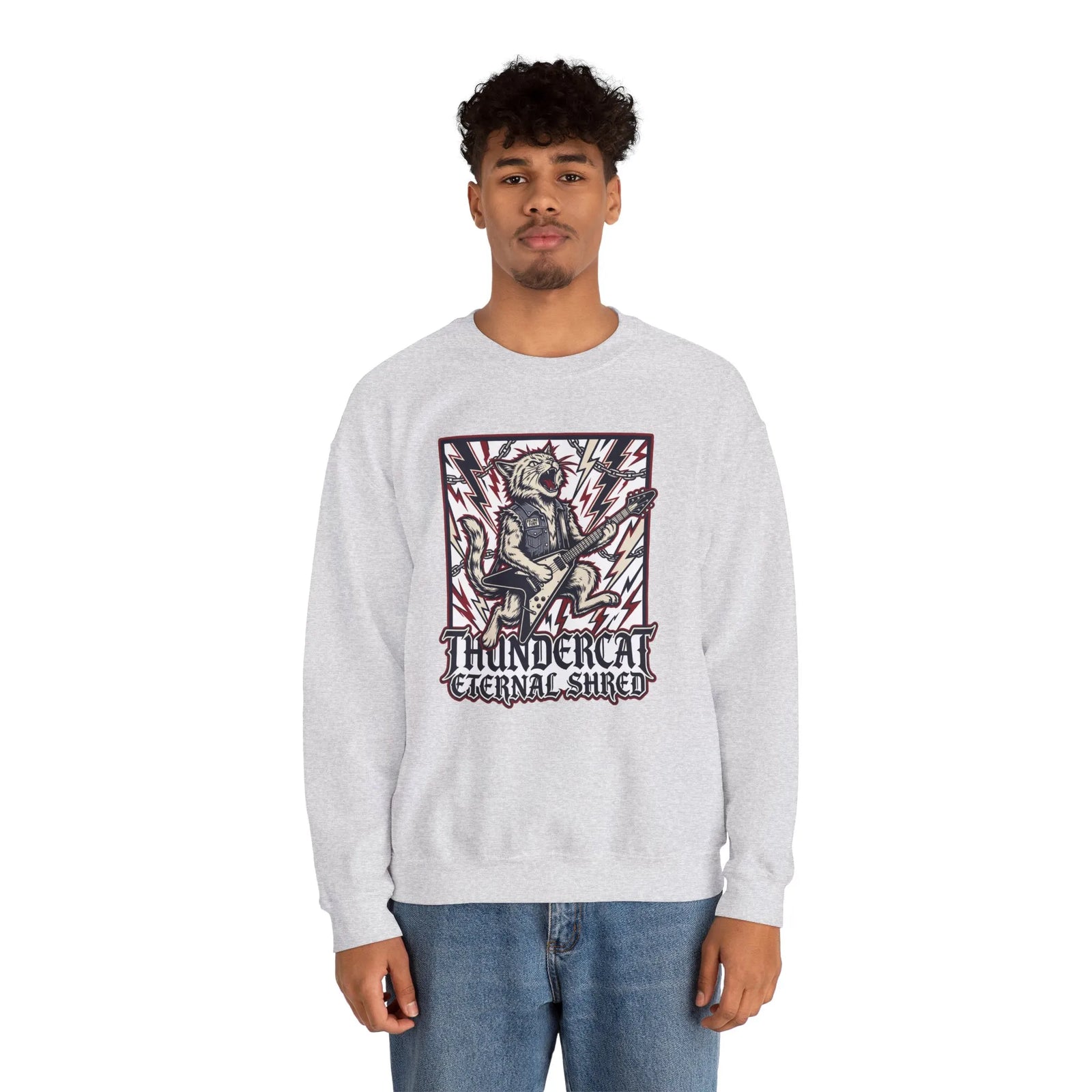 Heavy Metal Rocker Cat Sweatshirt - Heavy Blend Fleece Crewneck - Unisex White