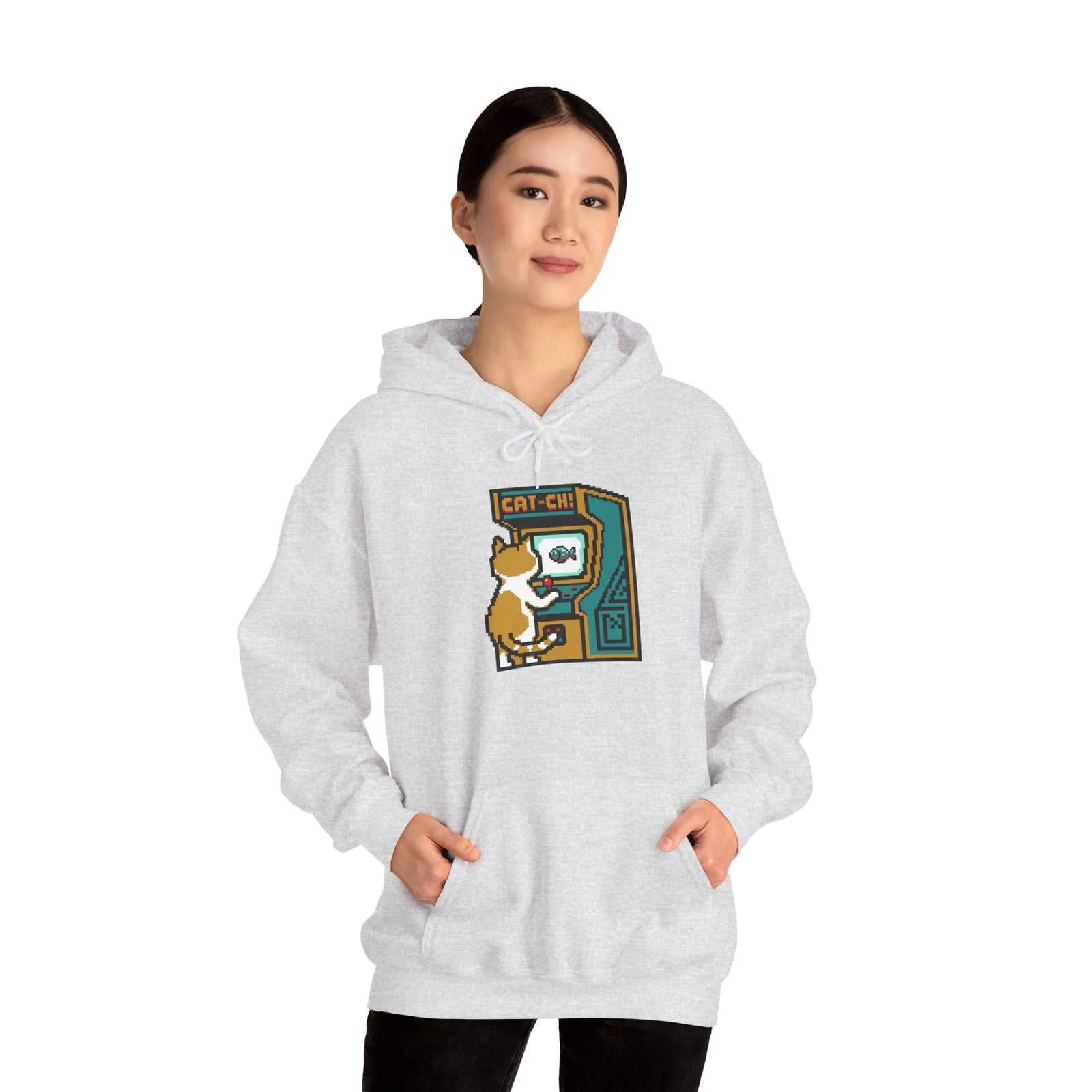 Arcade Gaming Pixel Cat Hoodie - Classic Fit Cotton Blend Pullover - Unisex White
