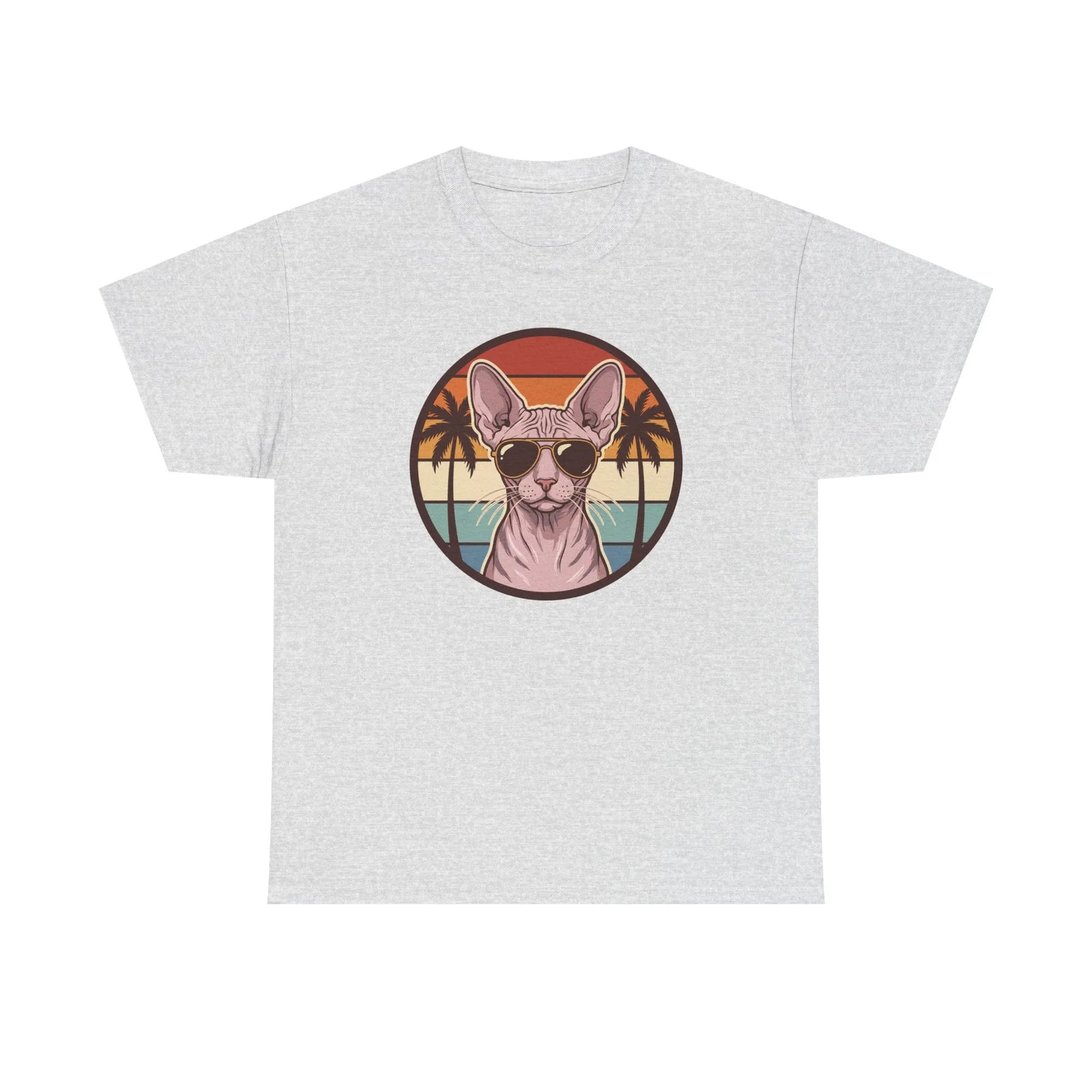 Sphynx Cat 70s Sunset Aviators T-Shirt - Heavy Cotton Classic Fit Tee - Unisex White
