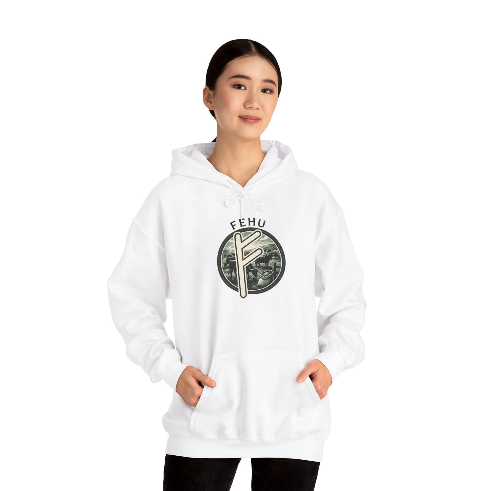 Fehu Runic Wealth Symbol Hoodie - Soft Cotton-Poly Blend Pullover - Unisex White