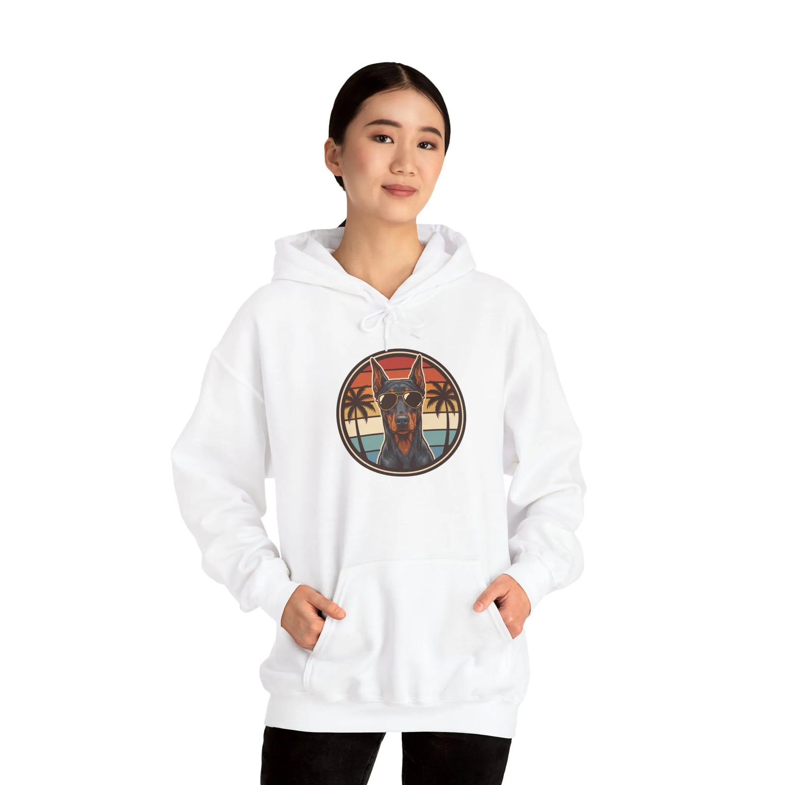 Doberman 70s Sunset Aviators Hoodie - Heavy Blend Fleece Pullover - Unisex White