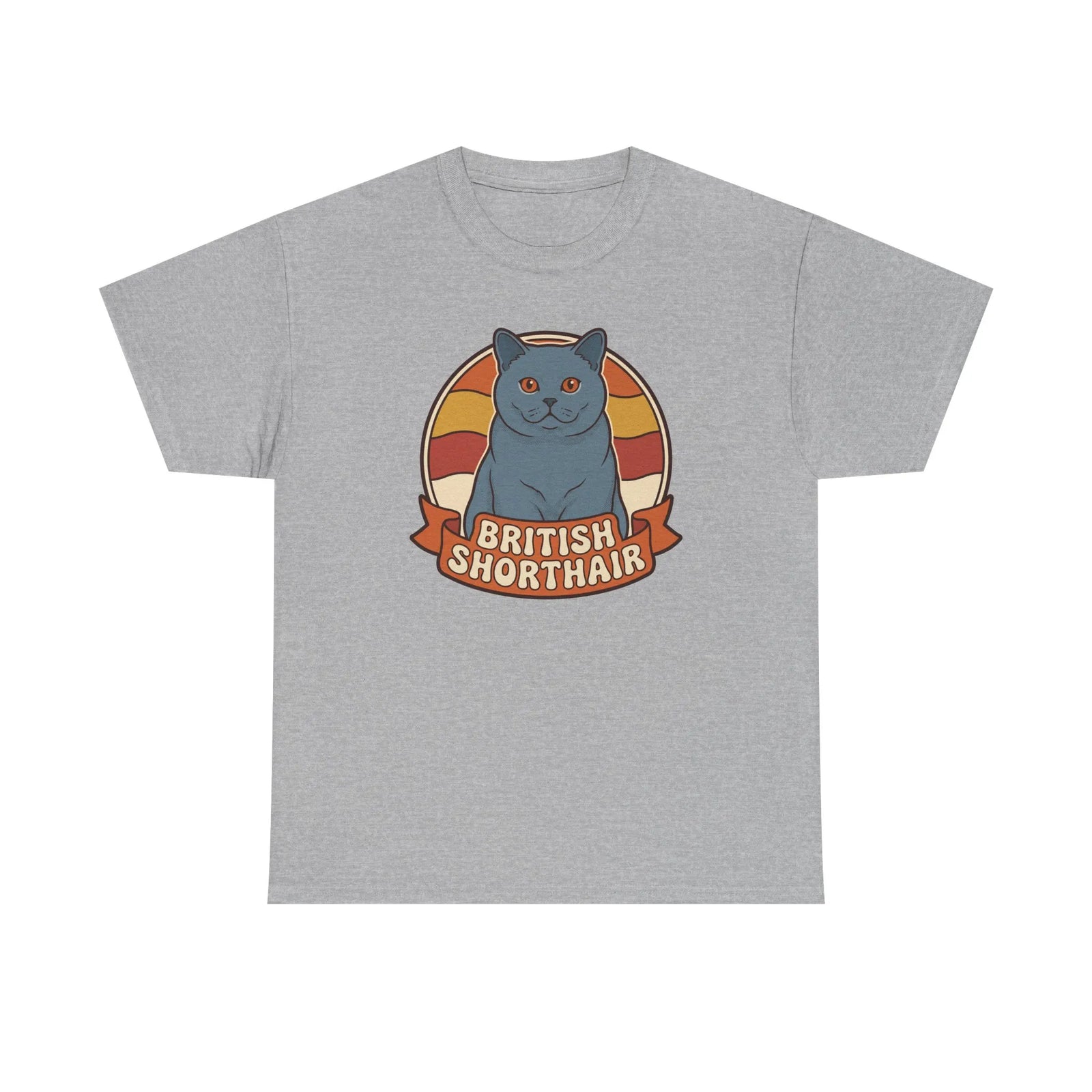 British Shorthair Retro Sunset T-Shirt - Heavyweight Cotton Classic Tee - Unisex White
