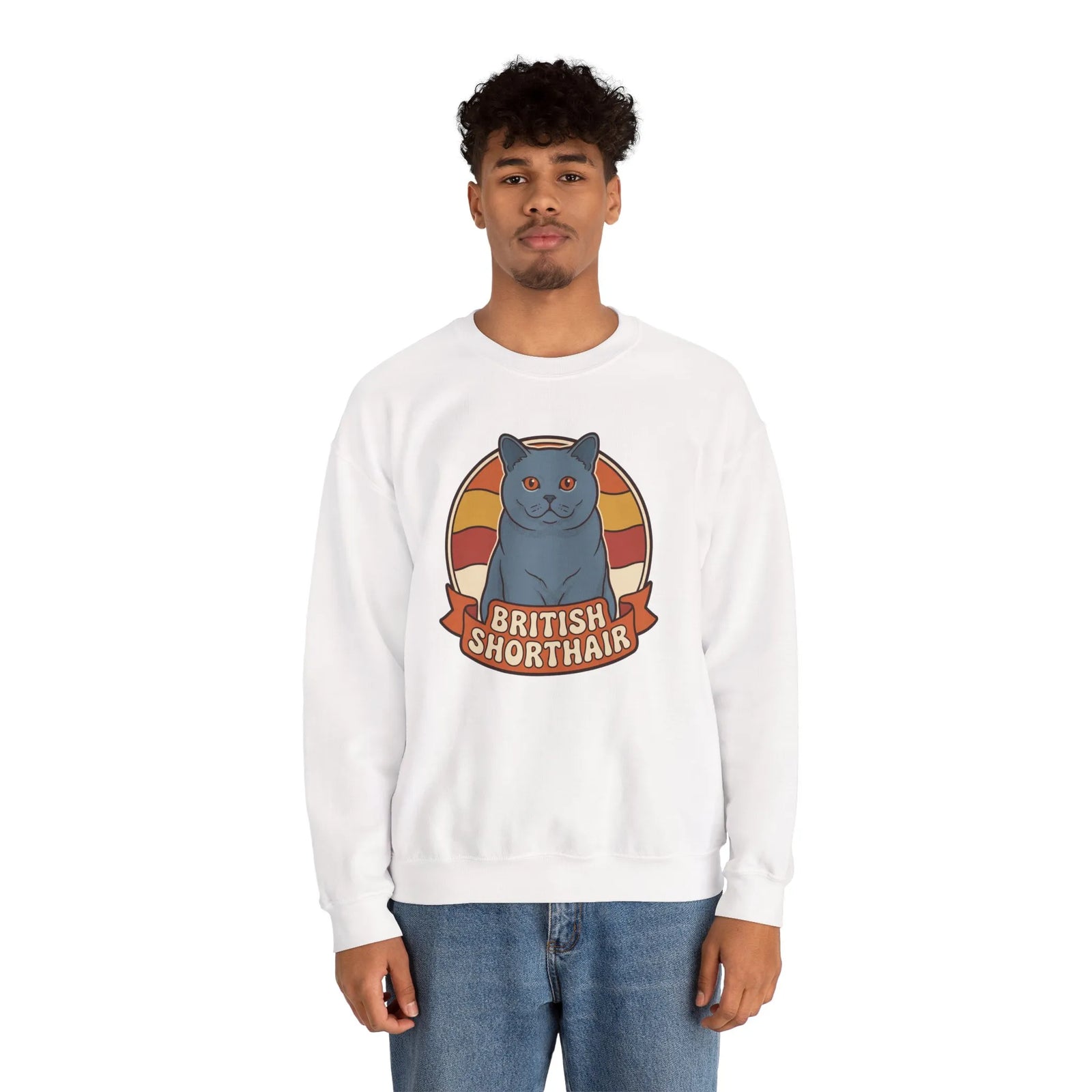 British Shorthair Retro Sunset Cat Sweatshirt - Heavy Blend Fleece Crewneck - Unisex White