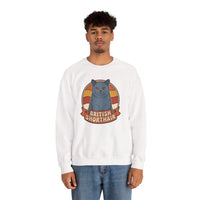 British Shorthair Retro Sunset Cat Sweatshirt - Heavy Blend Fleece Crewneck - Unisex White