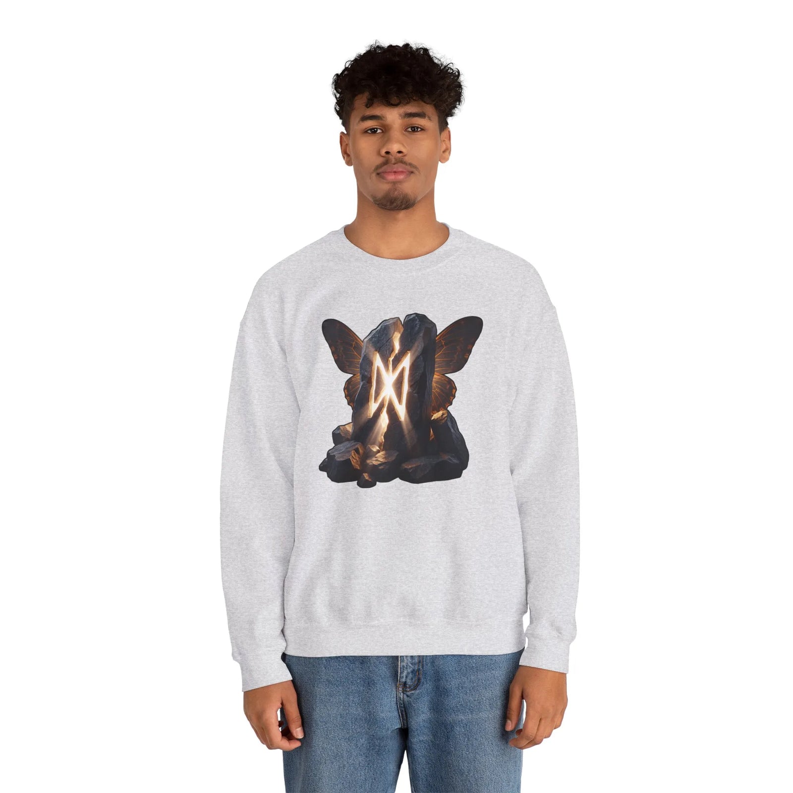 Dagaz Rune Stone Butterfly Sweatshirt - Heavy Blend Cotton Poly Crewneck - Unisex Off-White