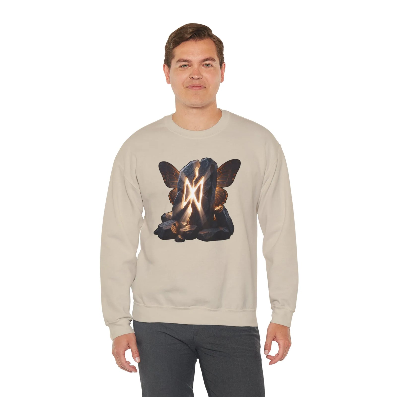 Dagaz Rune Stone Butterfly Sweatshirt - Heavy Blend Cotton Poly Crewneck - Unisex Off-White