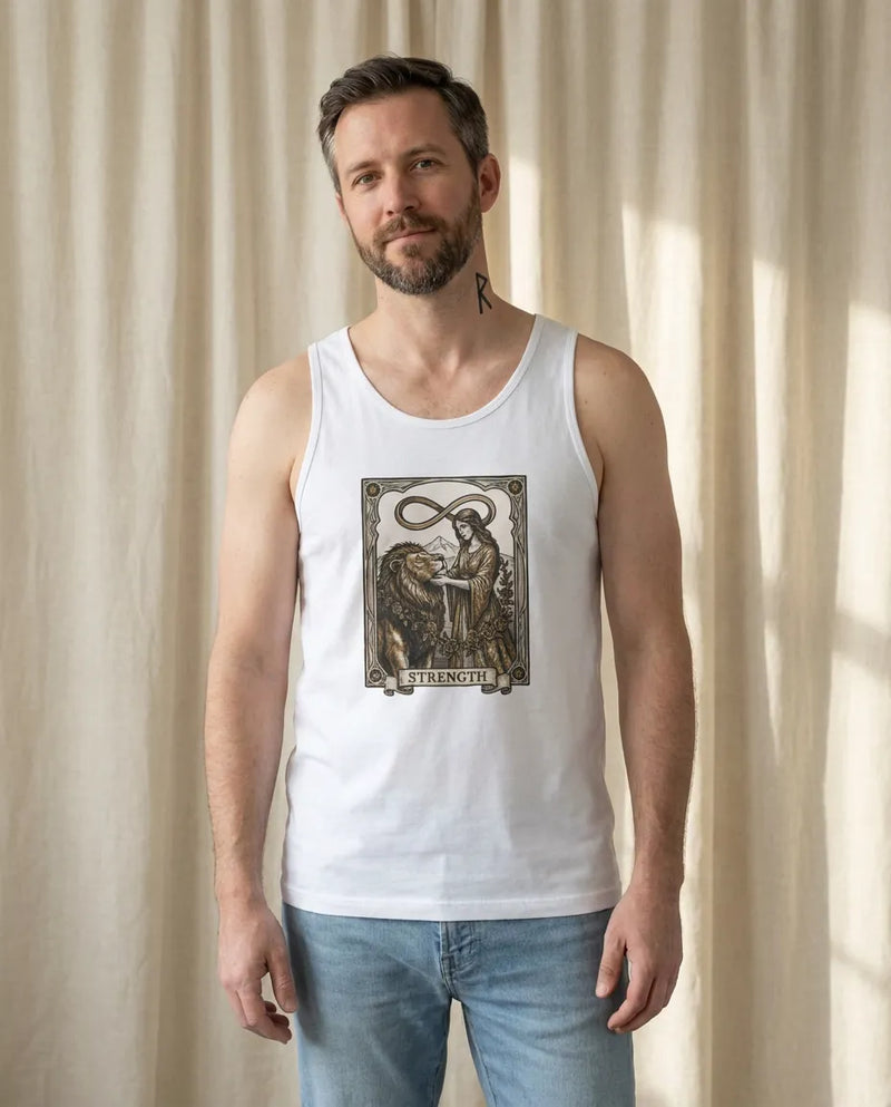 Strength Tarot Card Graphic Tank Top - Soft Ring-Spun Jersey Knit - Unisex White