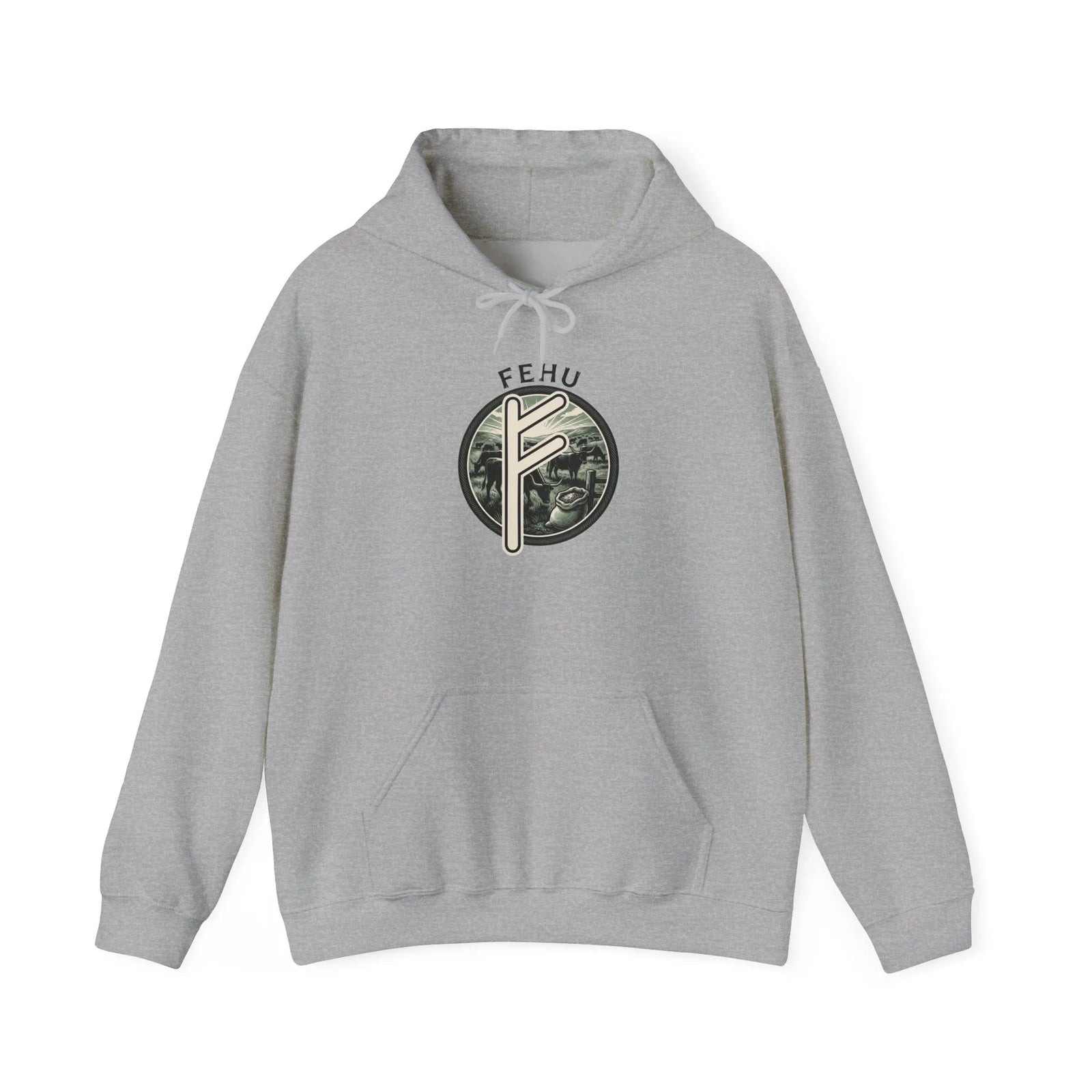 Fehu Runic Wealth Symbol Hoodie - Soft Cotton-Poly Blend Pullover - Unisex White