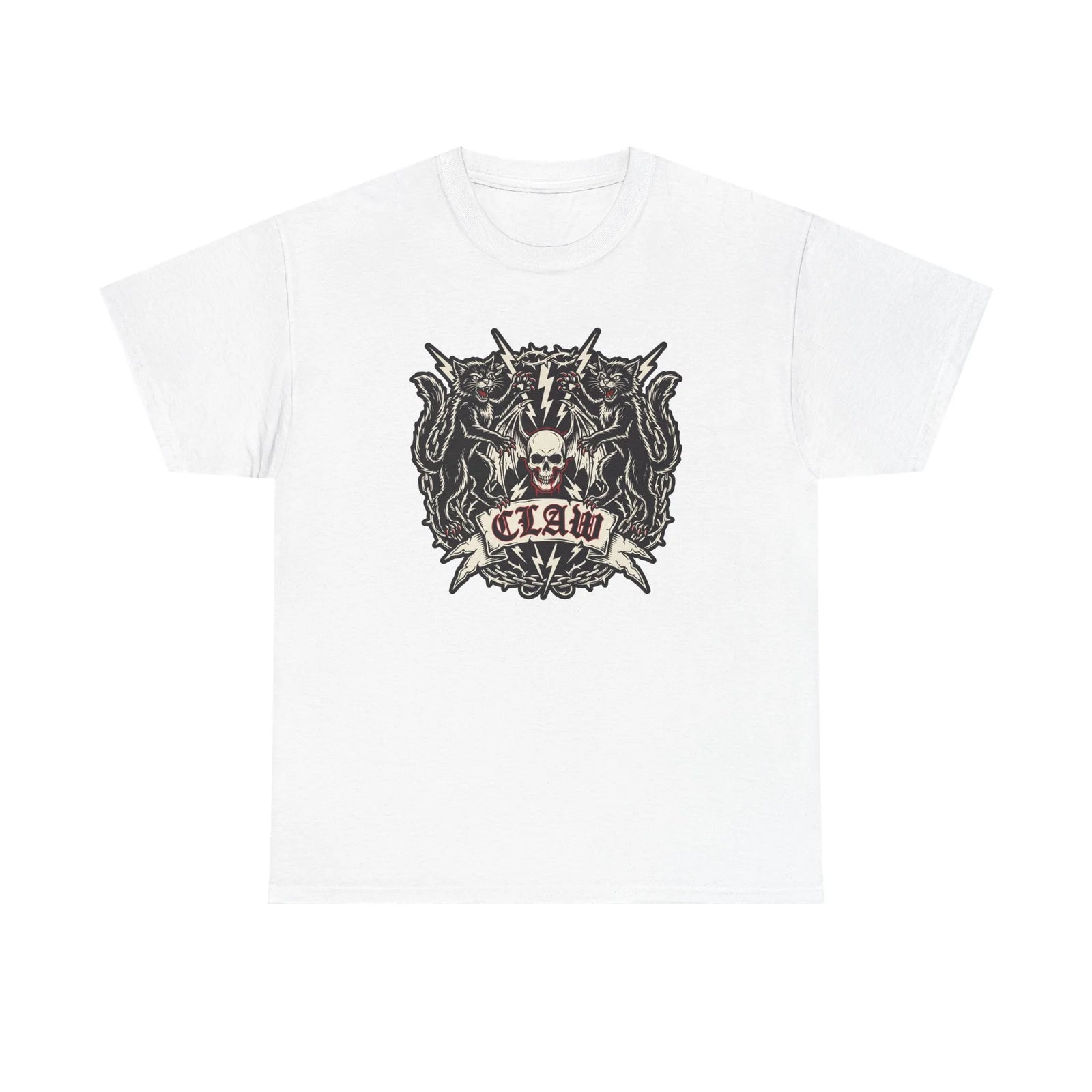 Heavy Metal Rocker Cats Band Crest T-Shirt - Heavy Cotton Classic Fit Tee - Unisex White